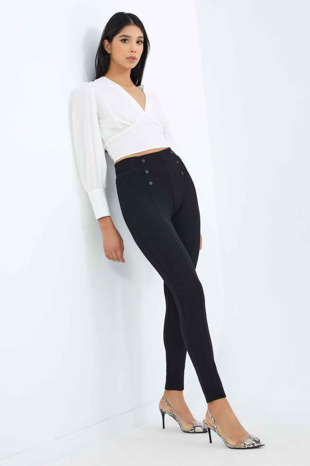 Redtag-Women-Black-Side-Pleat-With-Button-Detail-Legging-Category:Leggings,-Colour:Black,-Deals:New-In,-Filter:Women's-Clothing,-New-In-Women-APL,-Non-Sale,-S23C,-Section:Women,-Women-Leggings-Women's-