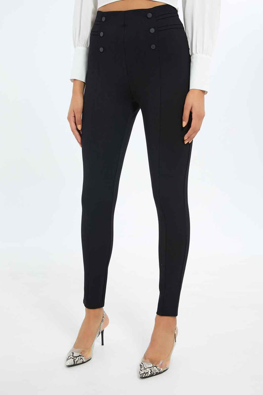 Redtag-Women-Black-Side-Pleat-With-Button-Detail-Legging-Category:Leggings,-Colour:Black,-Deals:New-In,-Filter:Women's-Clothing,-New-In-Women-APL,-Non-Sale,-S23C,-Section:Women,-Women-Leggings-Women's-