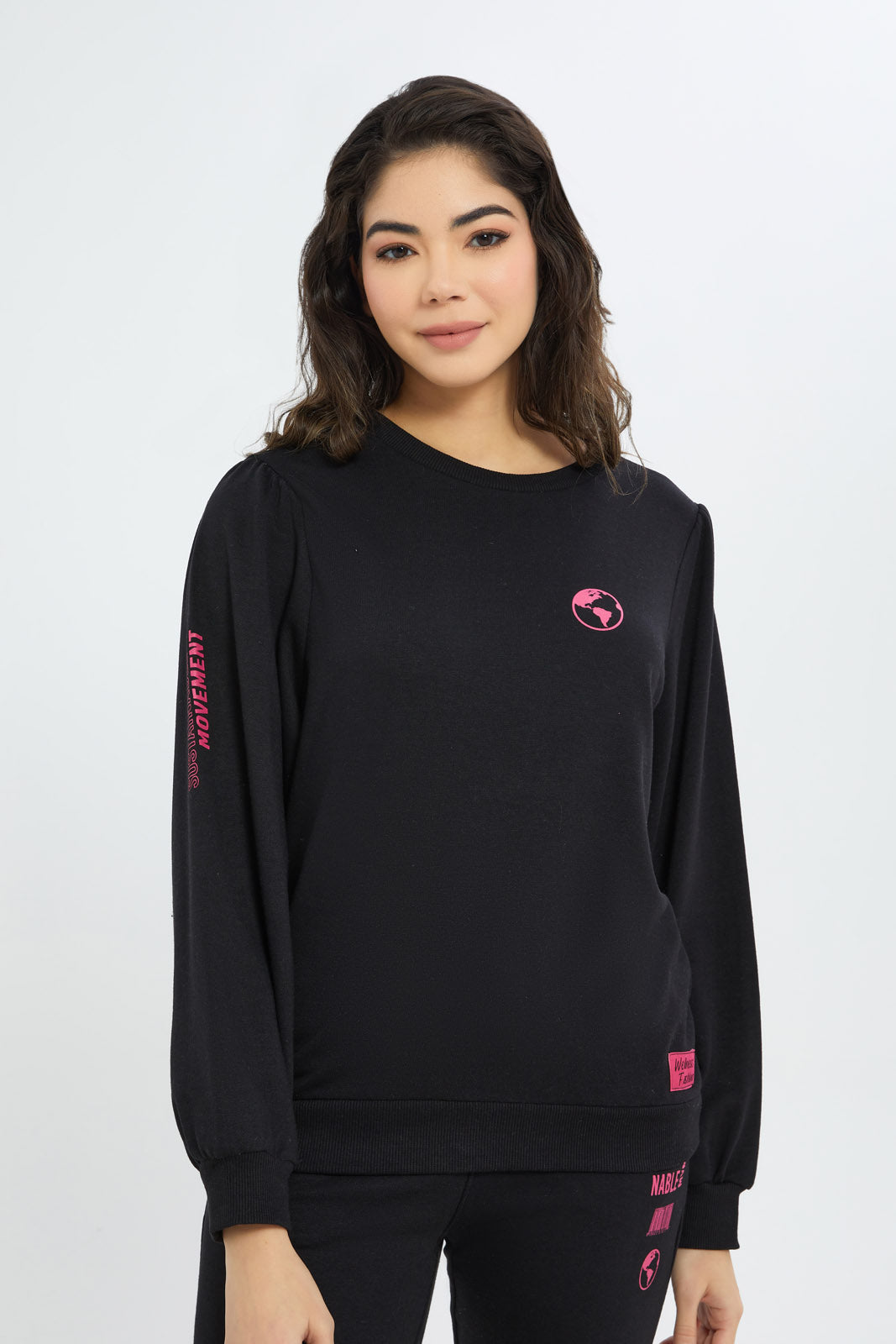 Redtag-Women-Black-Sweatshirt-With-Baloon-Sleeve-Category:Sweatshirts,-Colour:Black,-Deals:New-In,-Filter:Women's-Clothing,-H1:LWR,-H2:LAD,-H3:SPW,-H4:ASS,-New-In-Women-APL,-Non-Sale,-RMD,-S23B,-Season:S23B,-Section:Women,-Sustainable,-Women-Sweatshirts-Women's-