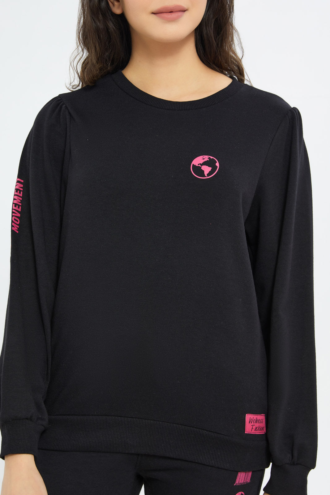 Redtag-Women-Black-Sweatshirt-With-Baloon-Sleeve-Category:Sweatshirts,-Colour:Black,-Deals:New-In,-Filter:Women's-Clothing,-H1:LWR,-H2:LAD,-H3:SPW,-H4:ASS,-New-In-Women-APL,-Non-Sale,-RMD,-S23B,-Season:S23B,-Section:Women,-Sustainable,-Women-Sweatshirts-Women's-