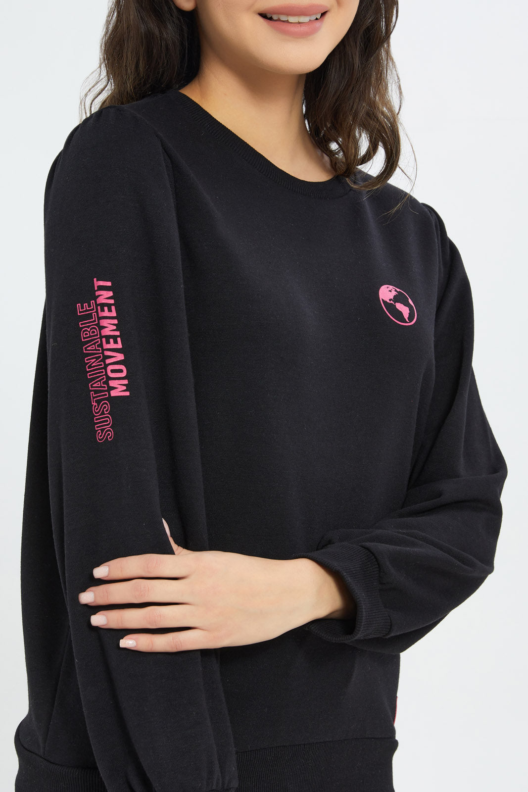 Redtag-Women-Black-Sweatshirt-With-Baloon-Sleeve-Category:Sweatshirts,-Colour:Black,-Deals:New-In,-Filter:Women's-Clothing,-H1:LWR,-H2:LAD,-H3:SPW,-H4:ASS,-New-In-Women-APL,-Non-Sale,-RMD,-S23B,-Season:S23B,-Section:Women,-Sustainable,-Women-Sweatshirts-Women's-