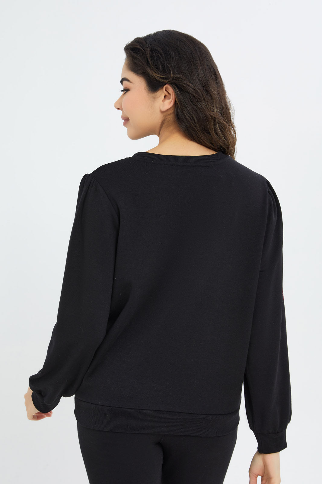 Redtag-Women-Black-Sweatshirt-With-Baloon-Sleeve-Category:Sweatshirts,-Colour:Black,-Deals:New-In,-Filter:Women's-Clothing,-H1:LWR,-H2:LAD,-H3:SPW,-H4:ASS,-New-In-Women-APL,-Non-Sale,-RMD,-S23B,-Season:S23B,-Section:Women,-Sustainable,-Women-Sweatshirts-Women's-