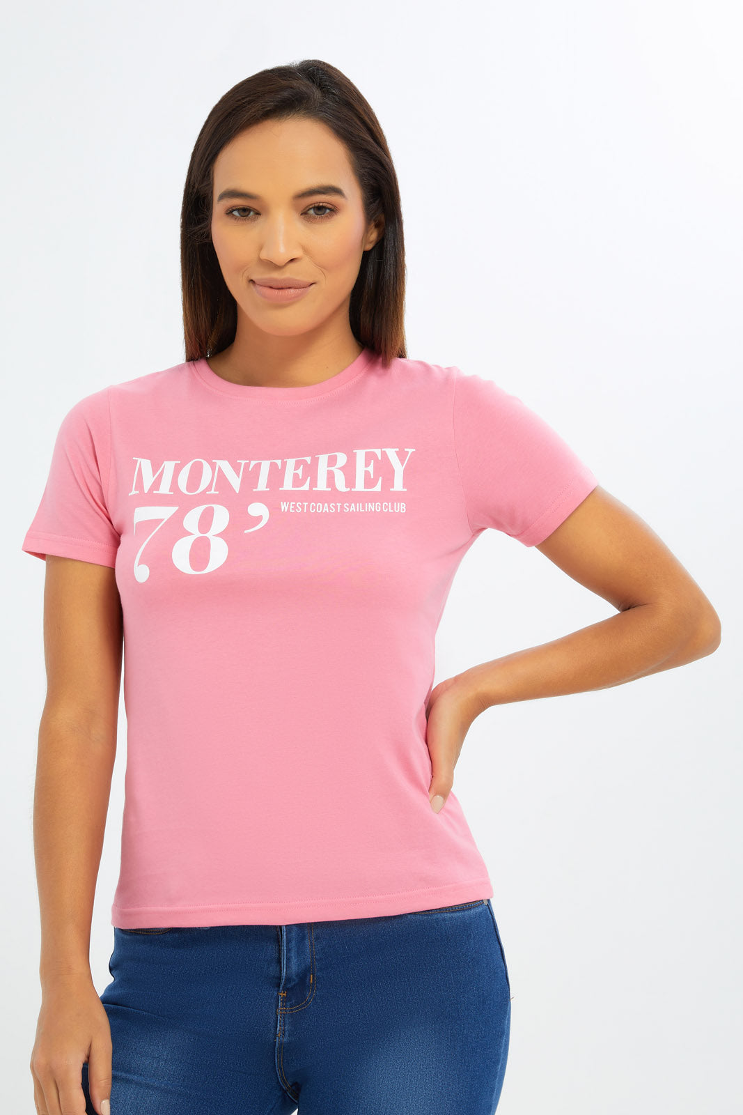 Redtag-Women-Pink-Monterey-Graphic-Tee-Category:T-Shirts,-Colour:Apricot,-Deals:New-In,-Filter:Women's-Clothing,-H1:LWR,-H2:LAD,-H3:TSH,-H4:CAT,-New-In-Women-APL,-Non-Sale,-PPE,-S23C,-Season:S23C,-Section:Women,-Women-T-Shirts-Women's-