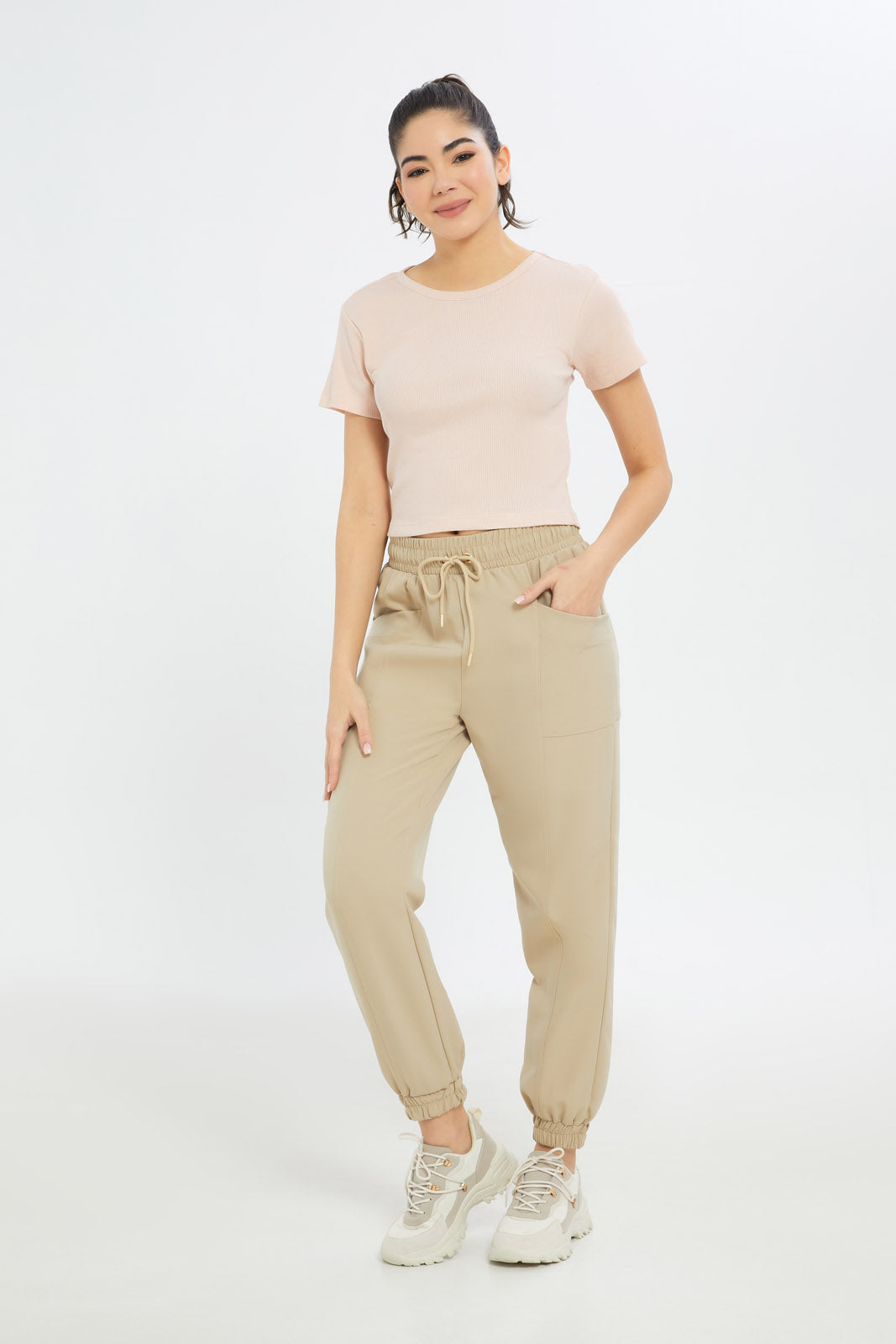 Redtag-Women-Pink-Rib-Cropped-Tee-BASICS,-Category:T-Shirts,-Colour:Apricot,-Deals:New-In,-Filter:Women's-Clothing,-H1:LWR,-H2:LAD,-H3:TSH,-H4:CAT,-New-In-Women-APL,-Non-Sale,-PPE,-Promo:PPE,-RMD,-S23C,-Season:S23C,-Section:Women,-Women-T-Shirts-Women's-
