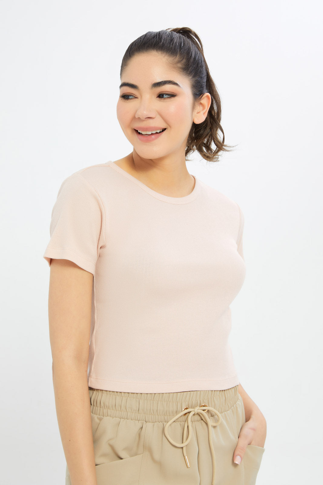 Redtag-Women-Pink-Rib-Cropped-Tee-BASICS,-Category:T-Shirts,-Colour:Apricot,-Deals:New-In,-Filter:Women's-Clothing,-H1:LWR,-H2:LAD,-H3:TSH,-H4:CAT,-New-In-Women-APL,-Non-Sale,-PPE,-Promo:PPE,-RMD,-S23C,-Season:S23C,-Section:Women,-Women-T-Shirts-Women's-