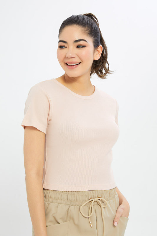 Redtag-Women-Pink-Rib-Cropped-Tee-BASICS,-Category:T-Shirts,-Colour:Apricot,-Deals:New-In,-Filter:Women's-Clothing,-H1:LWR,-H2:LAD,-H3:TSH,-H4:CAT,-New-In-Women-APL,-Non-Sale,-PPE,-Promo:PPE,-RMD,-S23C,-Season:S23C,-Section:Women,-Women-T-Shirts-Women's-