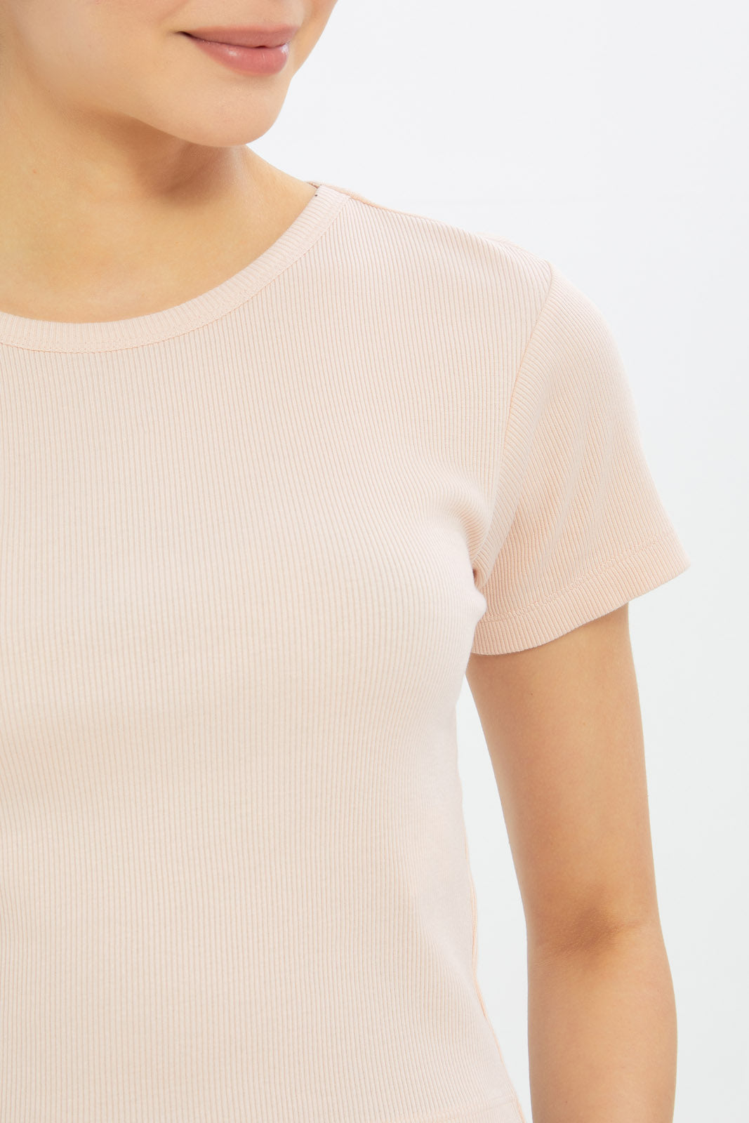 Redtag-Women-Pink-Rib-Cropped-Tee-BASICS,-Category:T-Shirts,-Colour:Apricot,-Deals:New-In,-Filter:Women's-Clothing,-H1:LWR,-H2:LAD,-H3:TSH,-H4:CAT,-New-In-Women-APL,-Non-Sale,-PPE,-Promo:PPE,-RMD,-S23C,-Season:S23C,-Section:Women,-Women-T-Shirts-Women's-