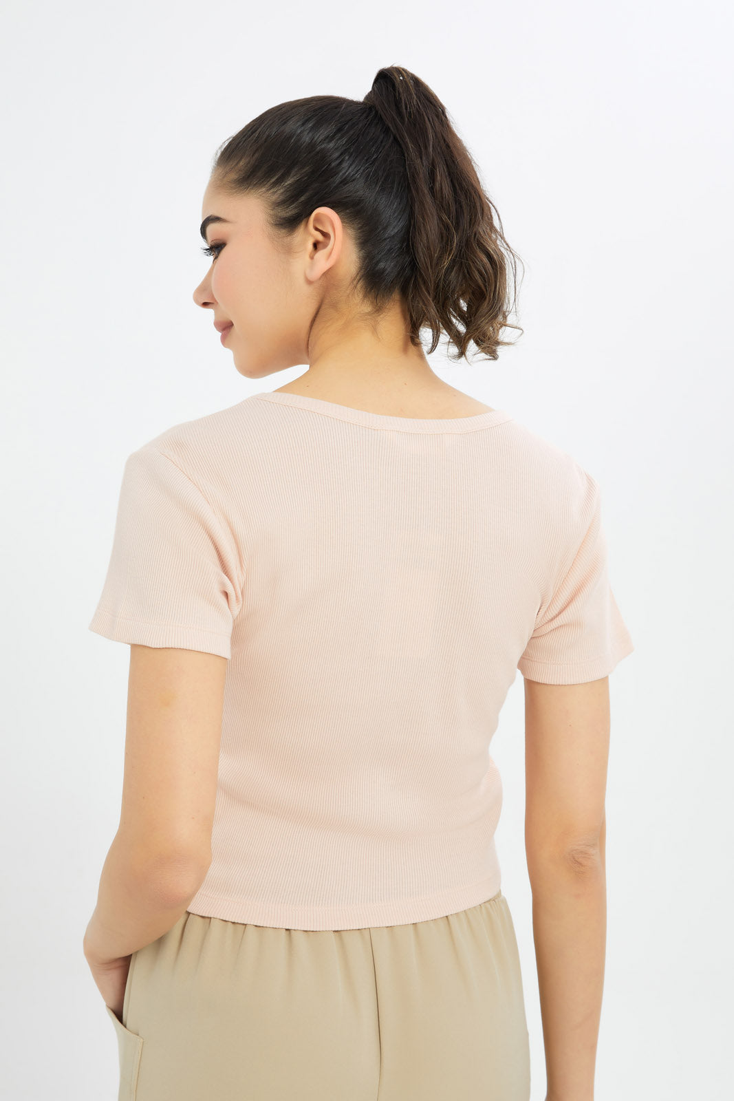 Redtag-Women-Pink-Rib-Cropped-Tee-BASICS,-Category:T-Shirts,-Colour:Apricot,-Deals:New-In,-Filter:Women's-Clothing,-H1:LWR,-H2:LAD,-H3:TSH,-H4:CAT,-New-In-Women-APL,-Non-Sale,-PPE,-Promo:PPE,-RMD,-S23C,-Season:S23C,-Section:Women,-Women-T-Shirts-Women's-