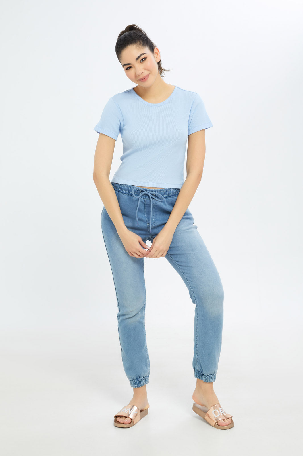 Redtag-Women-Blue-Rib-Cropped-Tee-BASICS,-Category:T-Shirts,-Colour:Blue,-Deals:New-In,-Filter:Women's-Clothing,-H1:LWR,-H2:LAD,-H3:TSH,-H4:CAT,-New-In-Women-APL,-Non-Sale,-PPE,-Promo:PPE,-RMD,-S23C,-Season:S23C,-Section:Women,-Women-T-Shirts-Women's-