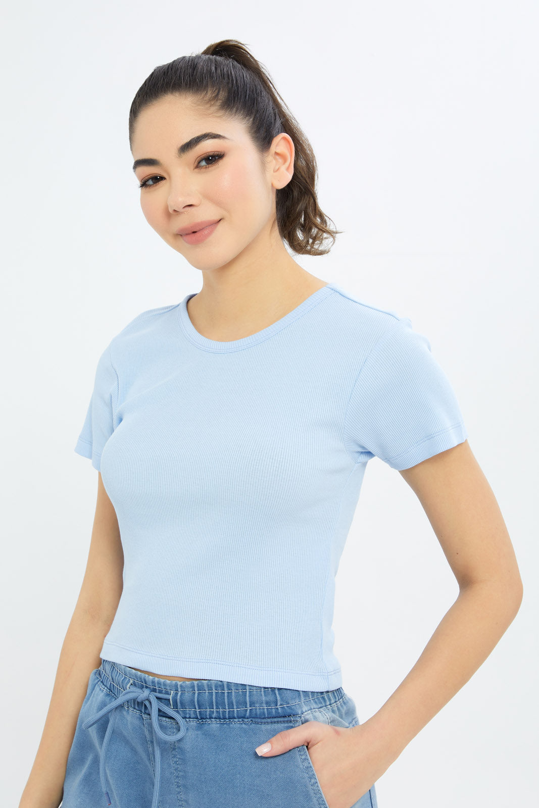 Redtag-Women-Blue-Rib-Cropped-Tee-BASICS,-Category:T-Shirts,-Colour:Blue,-Deals:New-In,-Filter:Women's-Clothing,-H1:LWR,-H2:LAD,-H3:TSH,-H4:CAT,-New-In-Women-APL,-Non-Sale,-PPE,-Promo:PPE,-RMD,-S23C,-Season:S23C,-Section:Women,-Women-T-Shirts-Women's-