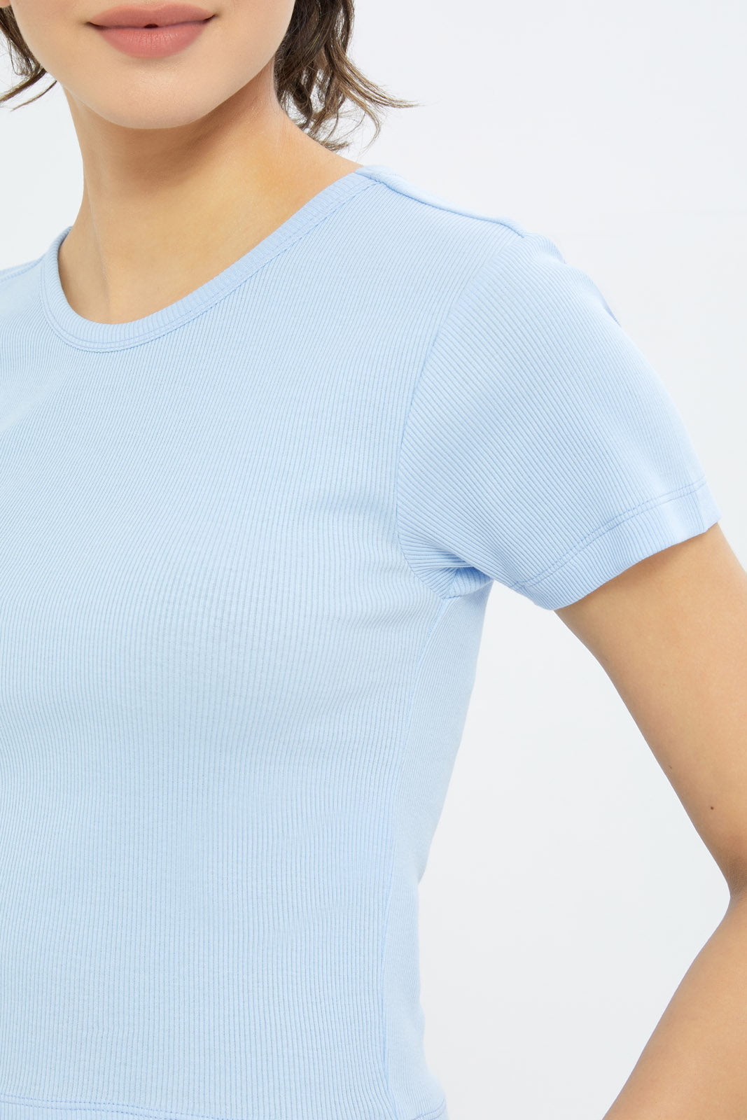 Redtag-Women-Blue-Rib-Cropped-Tee-BASICS,-Category:T-Shirts,-Colour:Blue,-Deals:New-In,-Filter:Women's-Clothing,-H1:LWR,-H2:LAD,-H3:TSH,-H4:CAT,-New-In-Women-APL,-Non-Sale,-PPE,-Promo:PPE,-RMD,-S23C,-Season:S23C,-Section:Women,-Women-T-Shirts-Women's-