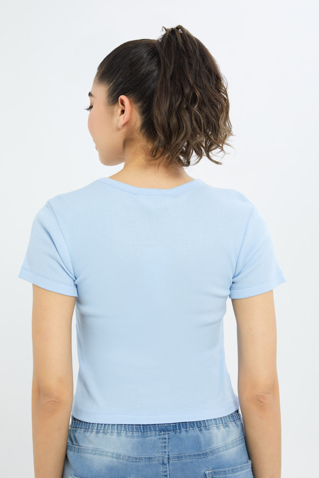 Redtag-Women-Blue-Rib-Cropped-Tee-BASICS,-Category:T-Shirts,-Colour:Blue,-Deals:New-In,-Filter:Women's-Clothing,-H1:LWR,-H2:LAD,-H3:TSH,-H4:CAT,-New-In-Women-APL,-Non-Sale,-PPE,-Promo:PPE,-RMD,-S23C,-Season:S23C,-Section:Women,-Women-T-Shirts-Women's-