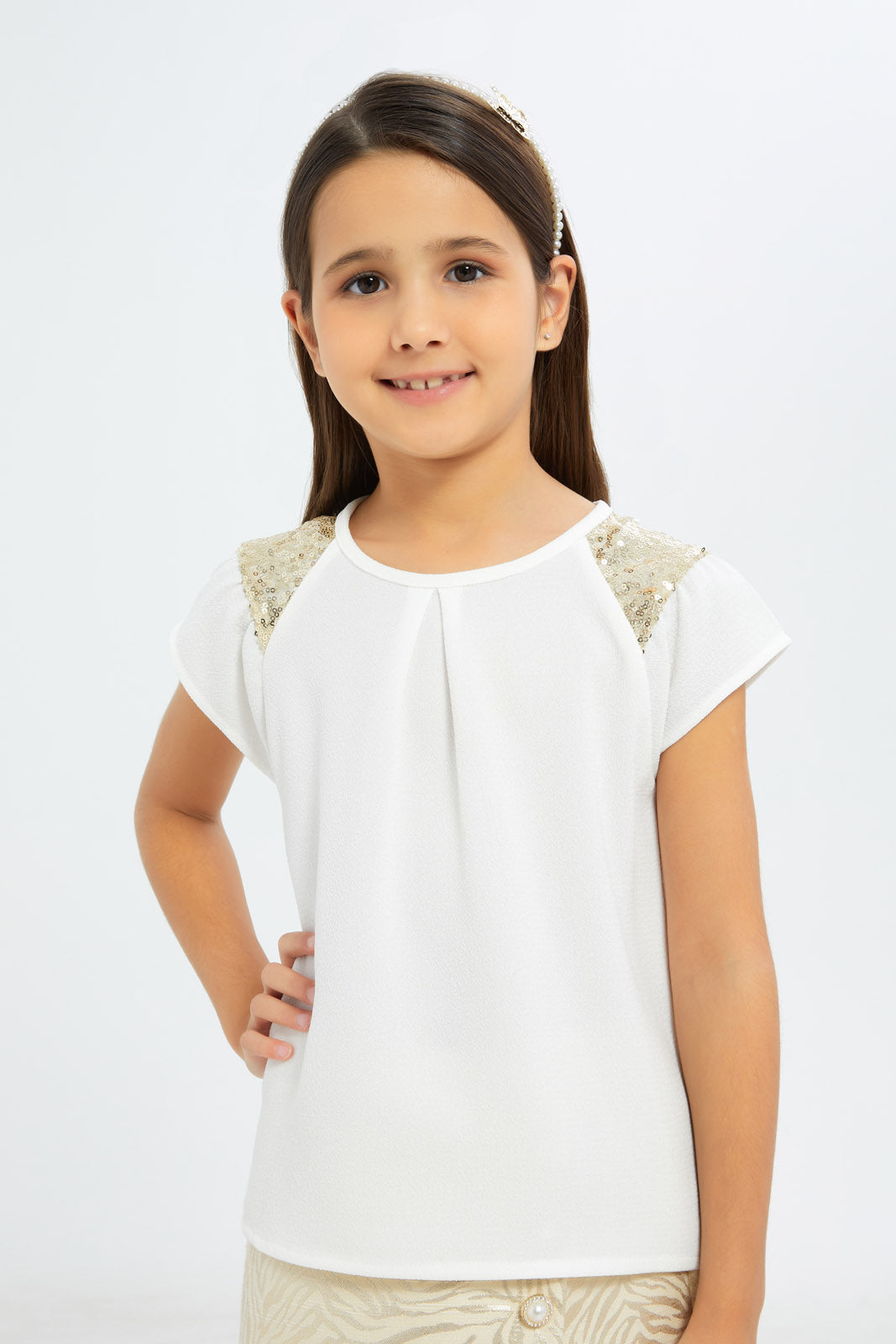 Redtag-Girls-Ivory-Blouse-With-Sequins-On-Shoulder-Category:Blouses,-Colour:Ivory,-Deals:New-In,-Filter:Girls-(2-to-8-Yrs),-GIR-Blouses,-H1:KWR,-H2:GIR,-H3:BLO,-H4:CBL,-New-In-GIR-APL,-Non-Sale,-RMD,-S23C,-Season:S23C,-Section:Girls-(0-to-14Yrs)-Girls-2 to 8 Years