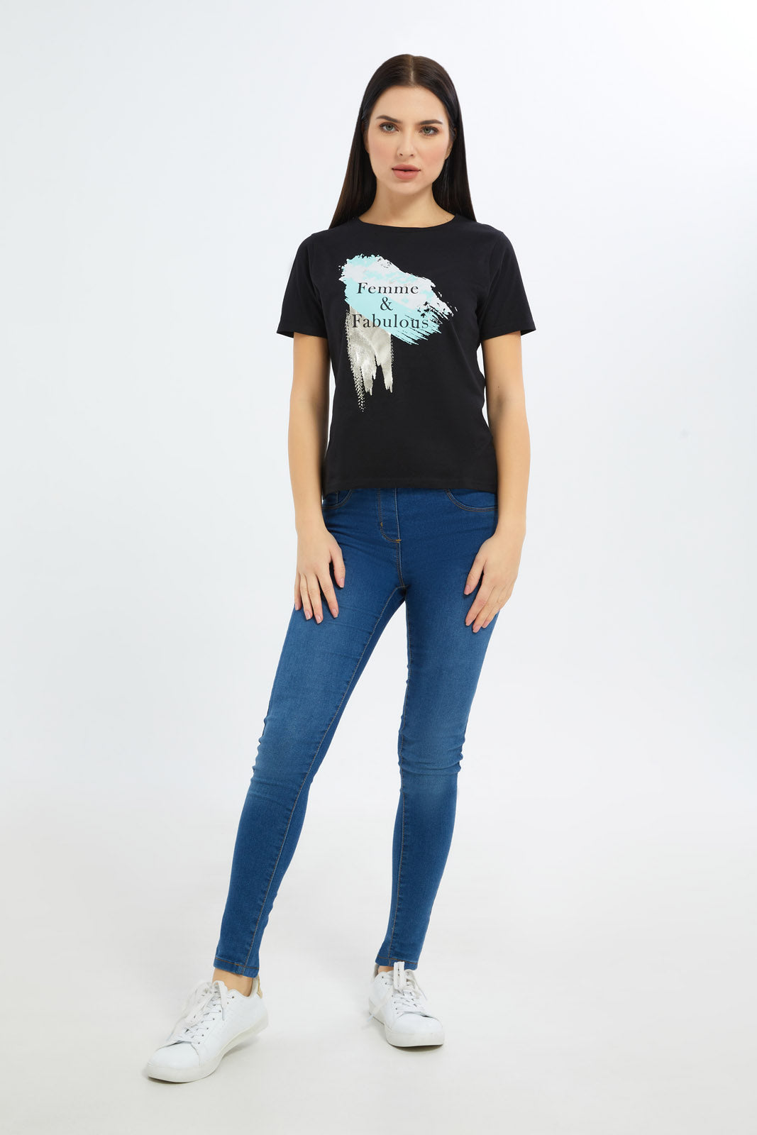 Redtag-Women-Black-Marbke-Foil-Slogan-T-Shirt-Category:T-Shirts,-Colour:Black,-Deals:New-In,-Filter:Women's-Clothing,-H1:LWR,-H2:LAD,-H3:TSH,-H4:CAT,-New-In-Women-APL,-Non-Sale,-Promo:TBL,-S23C,-Season:S23C,-Section:Women,-TBL,-Women-T-Shirts-Women's-