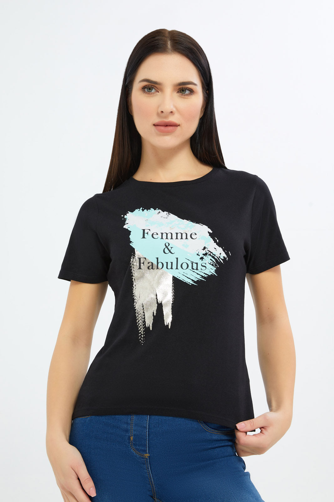 Redtag-Women-Black-Marbke-Foil-Slogan-T-Shirt-Category:T-Shirts,-Colour:Black,-Deals:New-In,-Filter:Women's-Clothing,-H1:LWR,-H2:LAD,-H3:TSH,-H4:CAT,-New-In-Women-APL,-Non-Sale,-Promo:TBL,-S23C,-Season:S23C,-Section:Women,-TBL,-Women-T-Shirts-Women's-