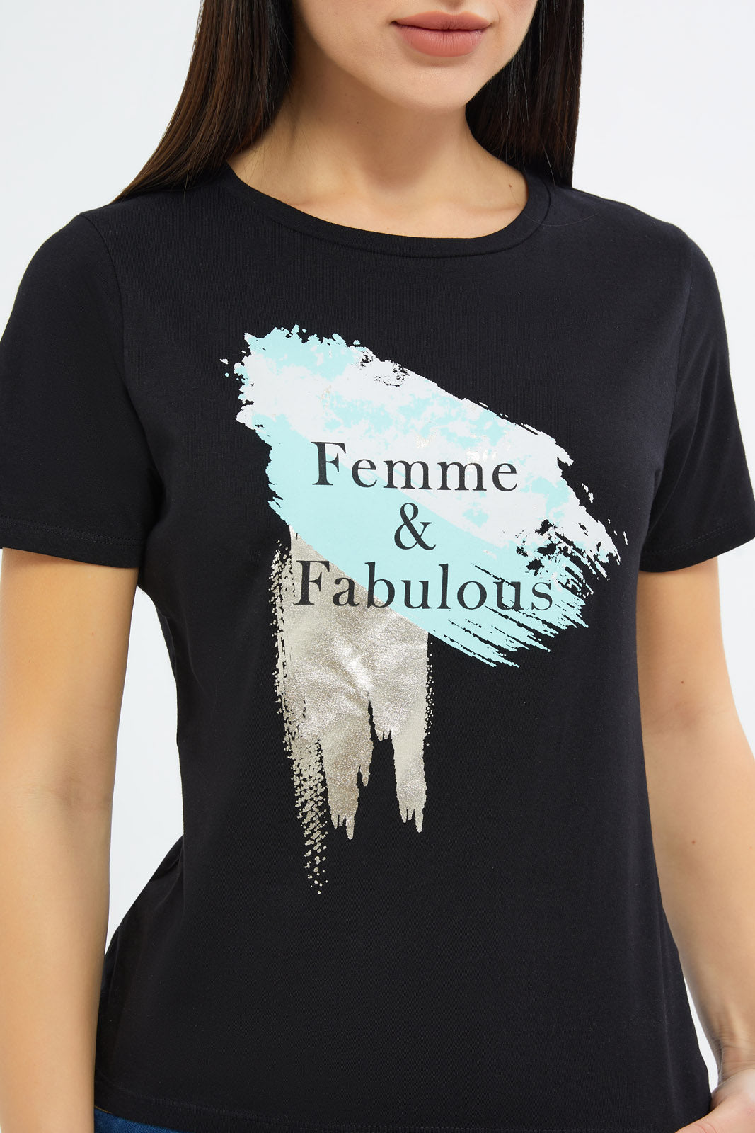 Redtag-Women-Black-Marbke-Foil-Slogan-T-Shirt-Category:T-Shirts,-Colour:Black,-Deals:New-In,-Filter:Women's-Clothing,-H1:LWR,-H2:LAD,-H3:TSH,-H4:CAT,-New-In-Women-APL,-Non-Sale,-Promo:TBL,-S23C,-Season:S23C,-Section:Women,-TBL,-Women-T-Shirts-Women's-