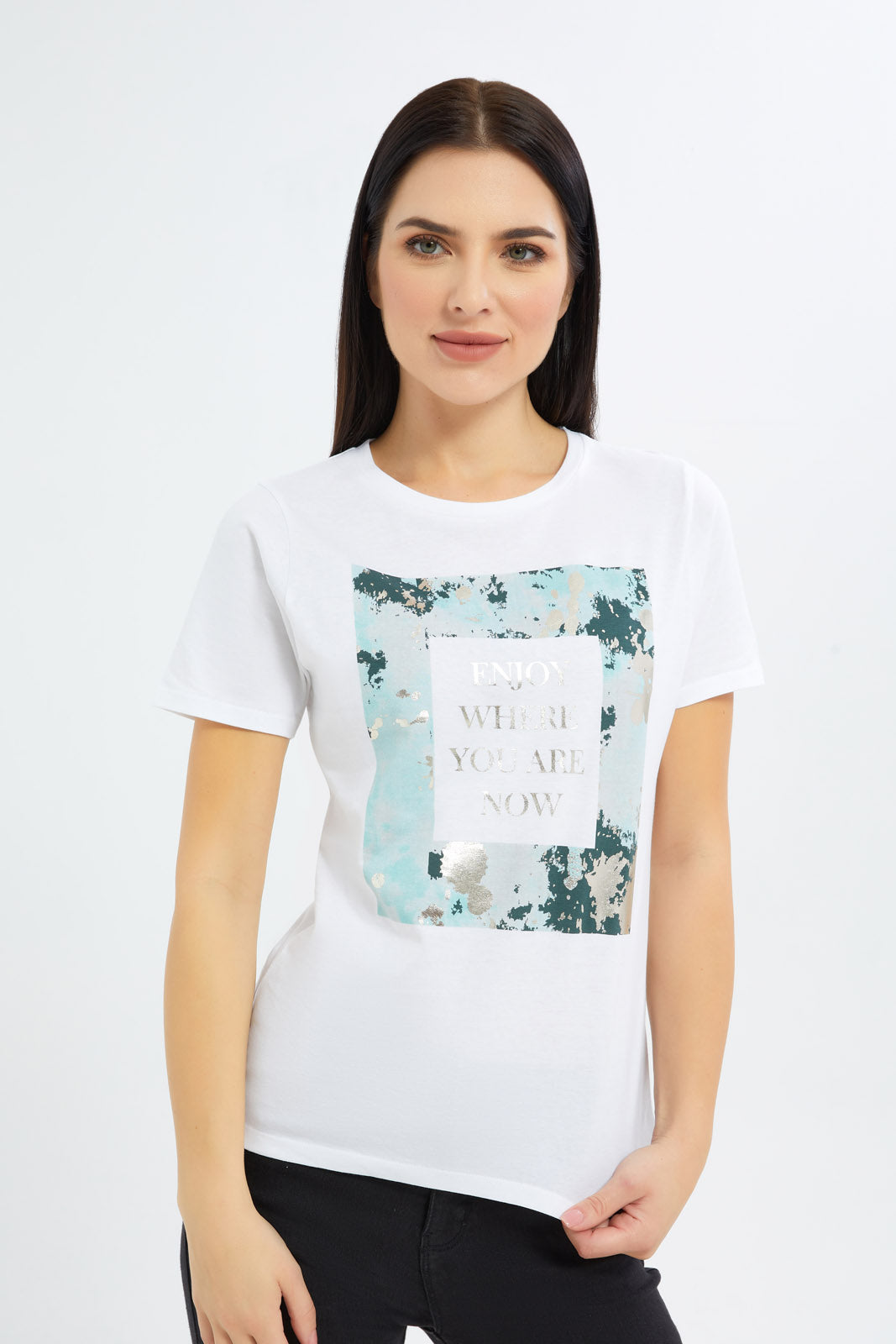 Redtag-Women-White-Marbke-Foil-Slogan-T-Shirt-Category:T-Shirts,-Colour:White,-Deals:New-In,-Filter:Women's-Clothing,-H1:LWR,-H2:LAD,-H3:TSH,-H4:CAT,-New-In-Women-APL,-Non-Sale,-Promo:TBL,-S23C,-Season:S23C,-Section:Women,-TBL,-Women-T-Shirts-Women's-