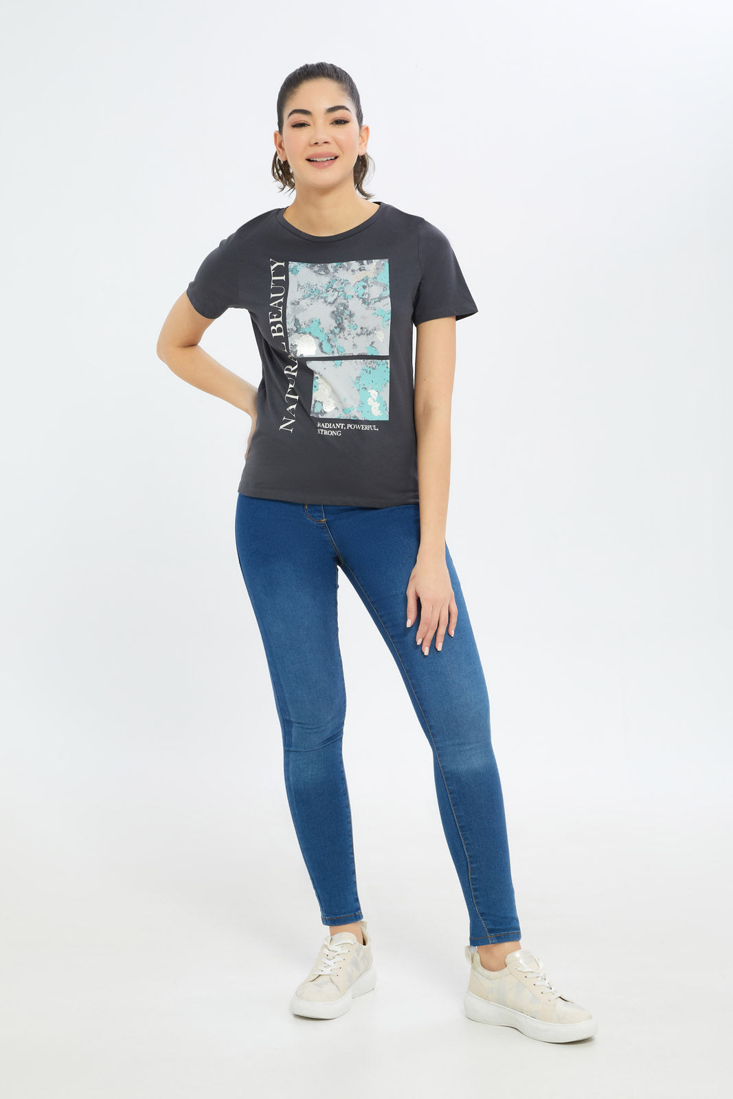 Redtag-Women-Charcoal-Marbke-Foil-Slogan-T-Shirt-Category:T-Shirts,-Colour:Charcoal,-Deals:New-In,-Filter:Women's-Clothing,-H1:LWR,-H2:LAD,-H3:TSH,-H4:CAT,-New-In-Women-APL,-Non-Sale,-Promo:TBL,-S23C,-Season:S23C,-Section:Women,-TBL,-Women-T-Shirts-Women's-