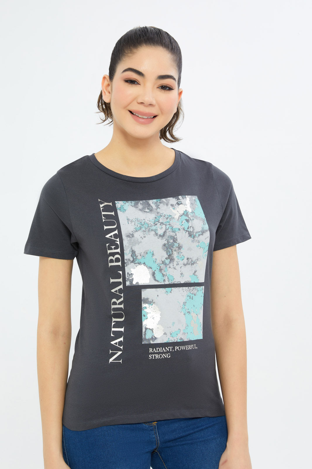 Redtag-Women-Charcoal-Marbke-Foil-Slogan-T-Shirt-Category:T-Shirts,-Colour:Charcoal,-Deals:New-In,-Filter:Women's-Clothing,-H1:LWR,-H2:LAD,-H3:TSH,-H4:CAT,-New-In-Women-APL,-Non-Sale,-Promo:TBL,-S23C,-Season:S23C,-Section:Women,-TBL,-Women-T-Shirts-Women's-
