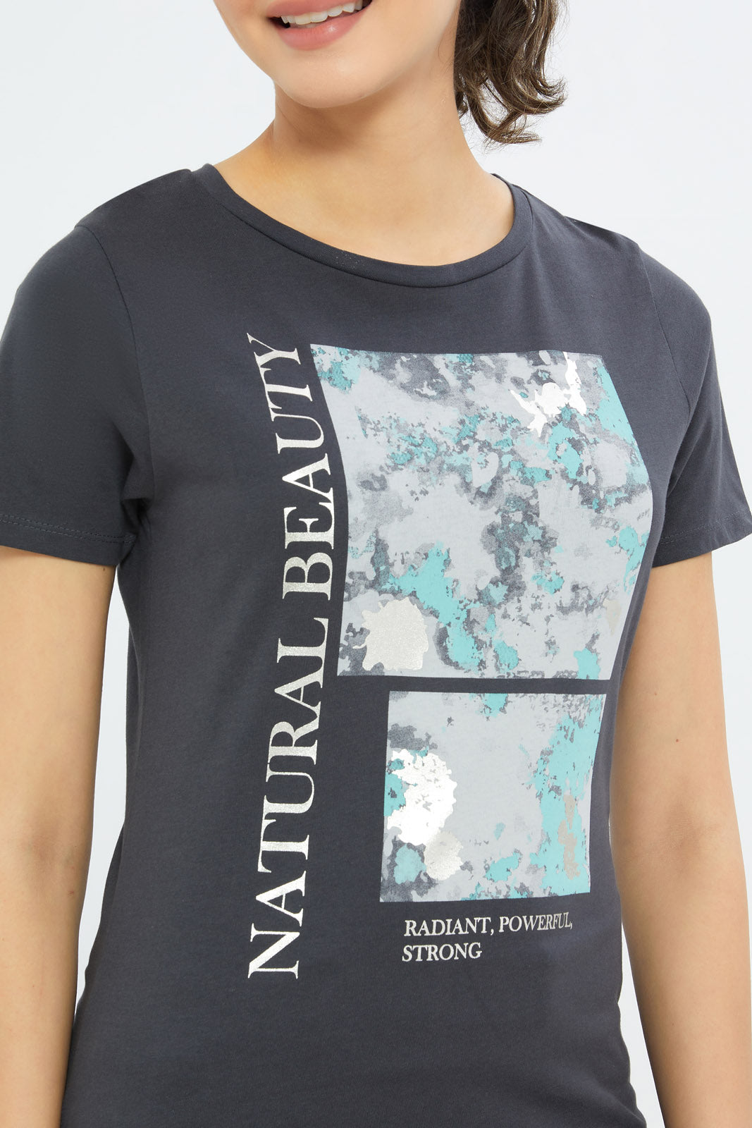 Redtag-Women-Charcoal-Marbke-Foil-Slogan-T-Shirt-Category:T-Shirts,-Colour:Charcoal,-Deals:New-In,-Filter:Women's-Clothing,-H1:LWR,-H2:LAD,-H3:TSH,-H4:CAT,-New-In-Women-APL,-Non-Sale,-Promo:TBL,-S23C,-Season:S23C,-Section:Women,-TBL,-Women-T-Shirts-Women's-