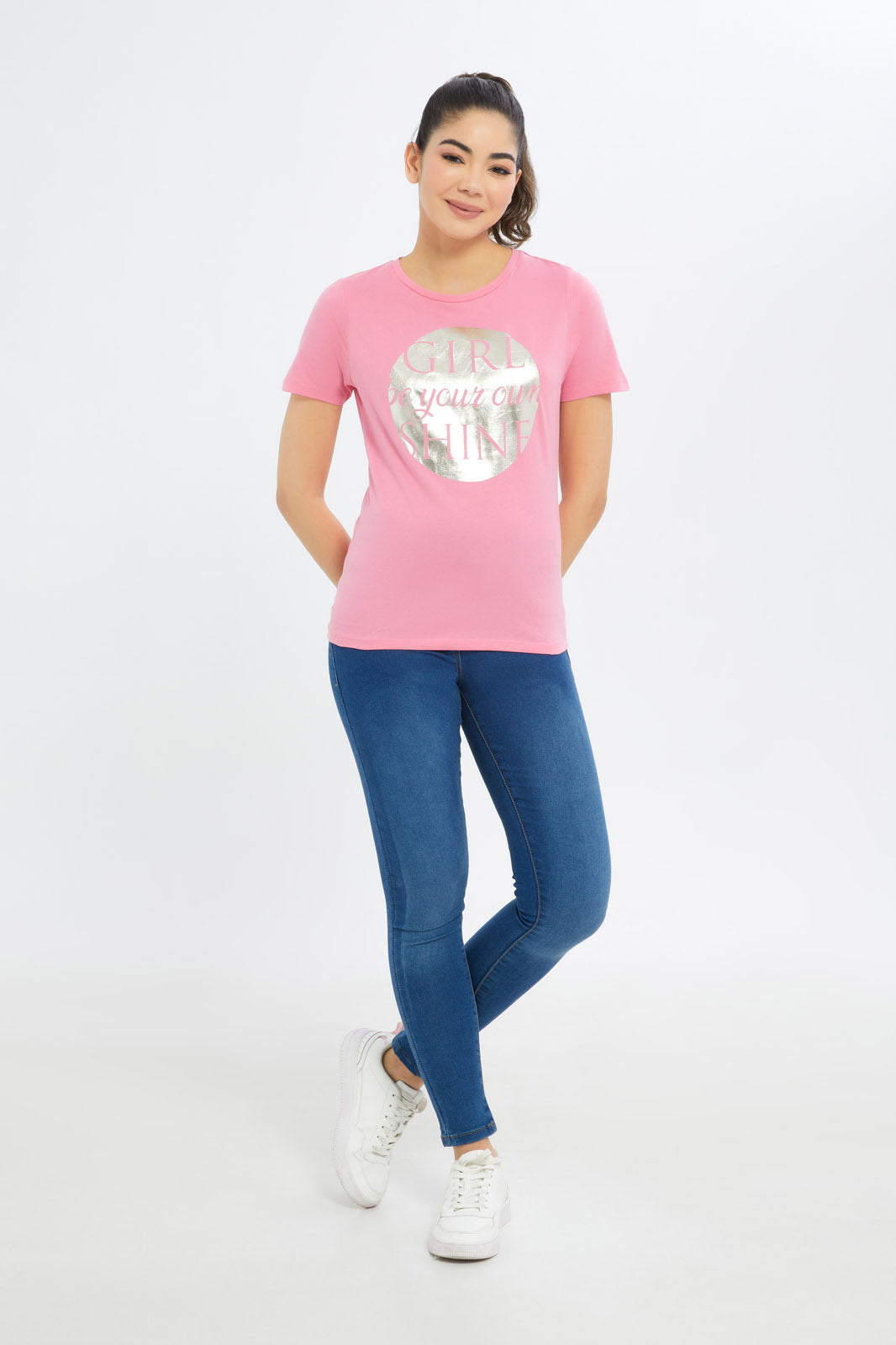 Redtag-Women-Pink-Marbke-Foil-Slogan-T-Shirt-Category:T-Shirts,-Colour:Apricot,-Deals:New-In,-Filter:Women's-Clothing,-H1:LWR,-H2:LAD,-H3:TSH,-H4:CAT,-New-In-Women-APL,-Non-Sale,-Promo:TBL,-S23C,-Season:S23C,-Section:Women,-TBL,-Women-T-Shirts-Women's-