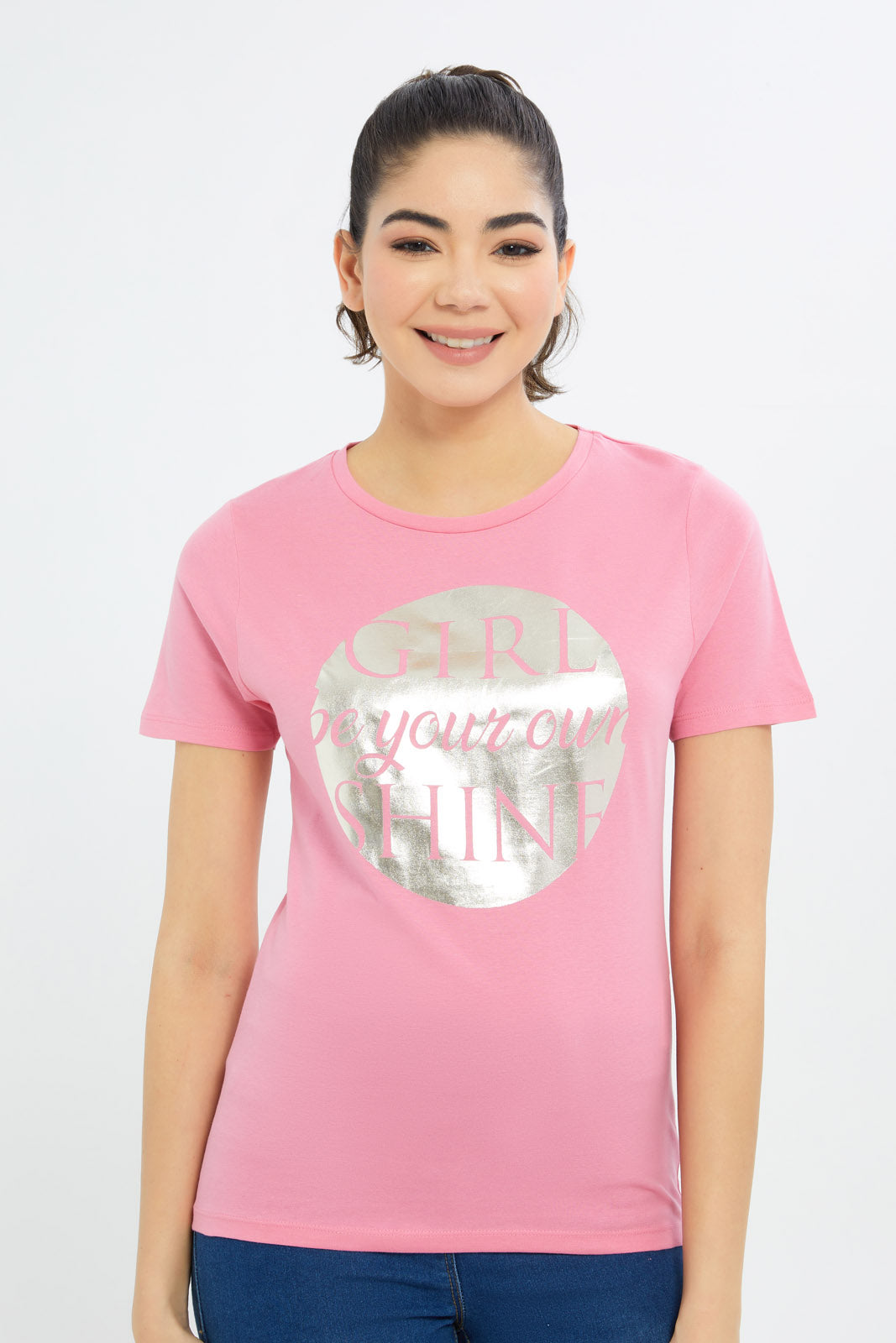 Redtag-Women-Pink-Marbke-Foil-Slogan-T-Shirt-Category:T-Shirts,-Colour:Apricot,-Deals:New-In,-Filter:Women's-Clothing,-H1:LWR,-H2:LAD,-H3:TSH,-H4:CAT,-New-In-Women-APL,-Non-Sale,-Promo:TBL,-S23C,-Season:S23C,-Section:Women,-TBL,-Women-T-Shirts-Women's-