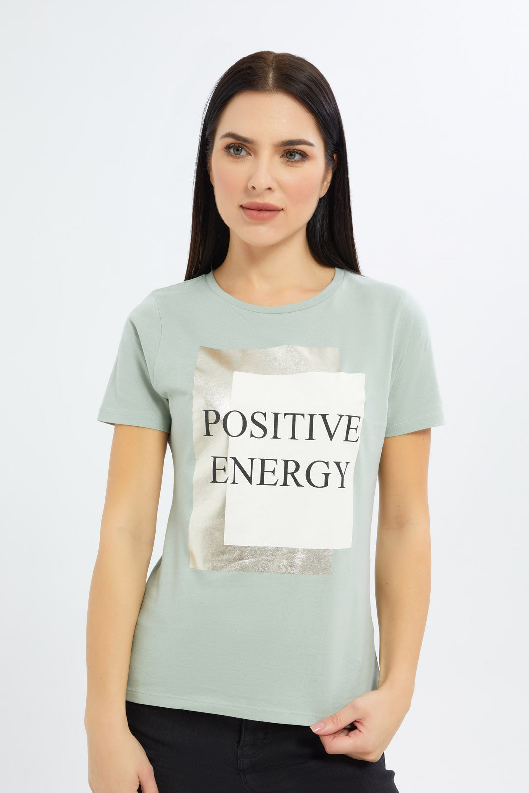 Redtag-Women-Sage-Marbke-Foil-Slogan-T-Shirt-Category:T-Shirts,-Colour:Mint,-Deals:New-In,-Filter:Women's-Clothing,-H1:LWR,-H2:LAD,-H3:TSH,-H4:CAT,-New-In-Women-APL,-Non-Sale,-Promo:TBL,-S23C,-Season:S23C,-Section:Women,-TBL,-Women-T-Shirts-Women's-