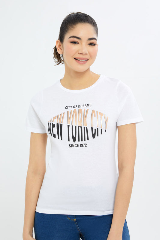 Redtag-Women-White-Nyc-Printed-T-Shirt-Category:T-Shirts,-Colour:White,-Deals:New-In,-Filter:Women's-Clothing,-H1:LWR,-H2:LAD,-H3:TSH,-H4:CAT,-New-In-Women-APL,-Non-Sale,-Promo:TBL,-S23C,-Season:S23C,-Section:Women,-TBL,-Women-T-Shirts-Women's-