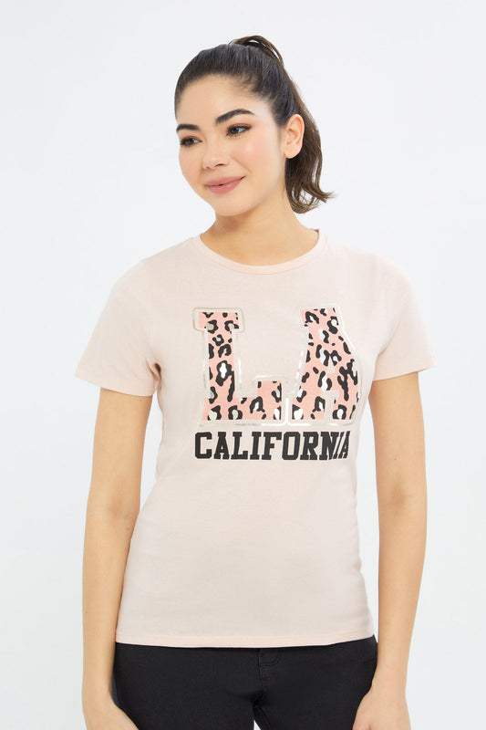 Redtag-Women-Pink-La-Printed-T-Shirt-Category:T-Shirts,-Colour:Apricot,-Deals:New-In,-Filter:Women's-Clothing,-H1:LWR,-H2:LAD,-H3:TSH,-H4:CAT,-New-In-Women-APL,-Non-Sale,-Promo:TBL,-S23C,-Season:S23C,-Section:Women,-TBL,-Women-T-Shirts-Women's-