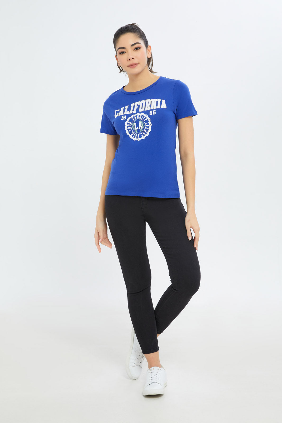 Redtag-Women-Blue-California-Printed-T-Shirt-Category:T-Shirts,-Colour:Blue,-Deals:New-In,-Filter:Women's-Clothing,-H1:LWR,-H2:LAD,-H3:TSH,-H4:CAT,-New-In-Women-APL,-Non-Sale,-Promo:TBL,-S23C,-Season:S23C,-Section:Women,-TBL,-Women-T-Shirts-Women's-