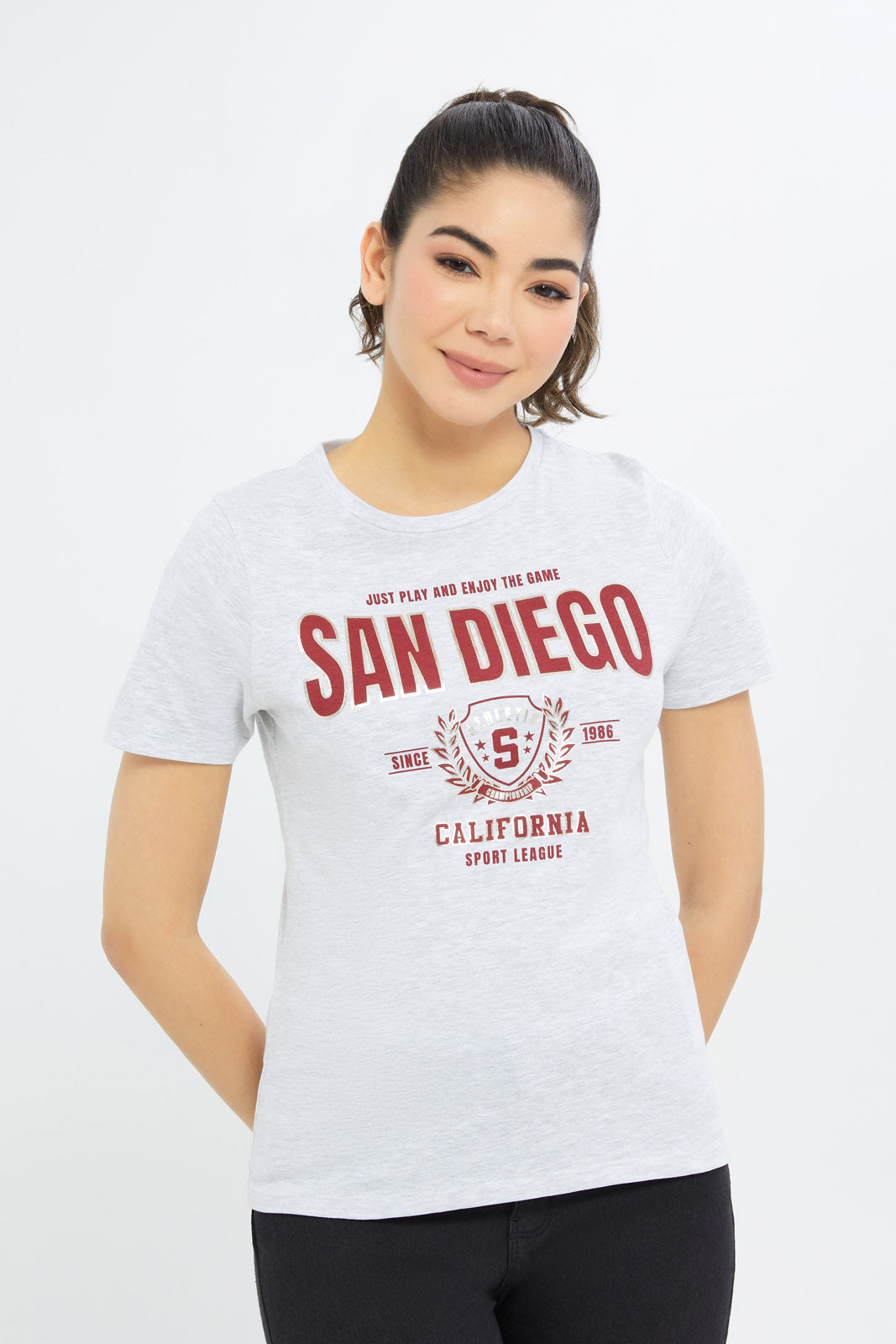 Redtag-Women-Grey-San-Diego-Printed-T-Shirt-Category:T-Shirts,-Colour:Grey,-Deals:New-In,-Filter:Women's-Clothing,-H1:LWR,-H2:LAD,-H3:TSH,-H4:CAT,-New-In-Women-APL,-Non-Sale,-Promo:TBL,-S23C,-Season:S23C,-Section:Women,-TBL,-Women-T-Shirts-Women's-