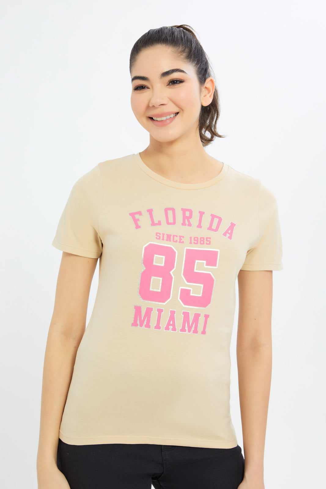 Redtag-Women-Cream-Florida-Printed-T-Shirt-Category:T-Shirts,-Colour:Cream,-Deals:New-In,-Filter:Women's-Clothing,-H1:LWR,-H2:LAD,-H3:TSH,-H4:CAT,-New-In-Women-APL,-Non-Sale,-Promo:TBL,-S23C,-Season:S23C,-Section:Women,-TBL,-Women-T-Shirts-Women's-
