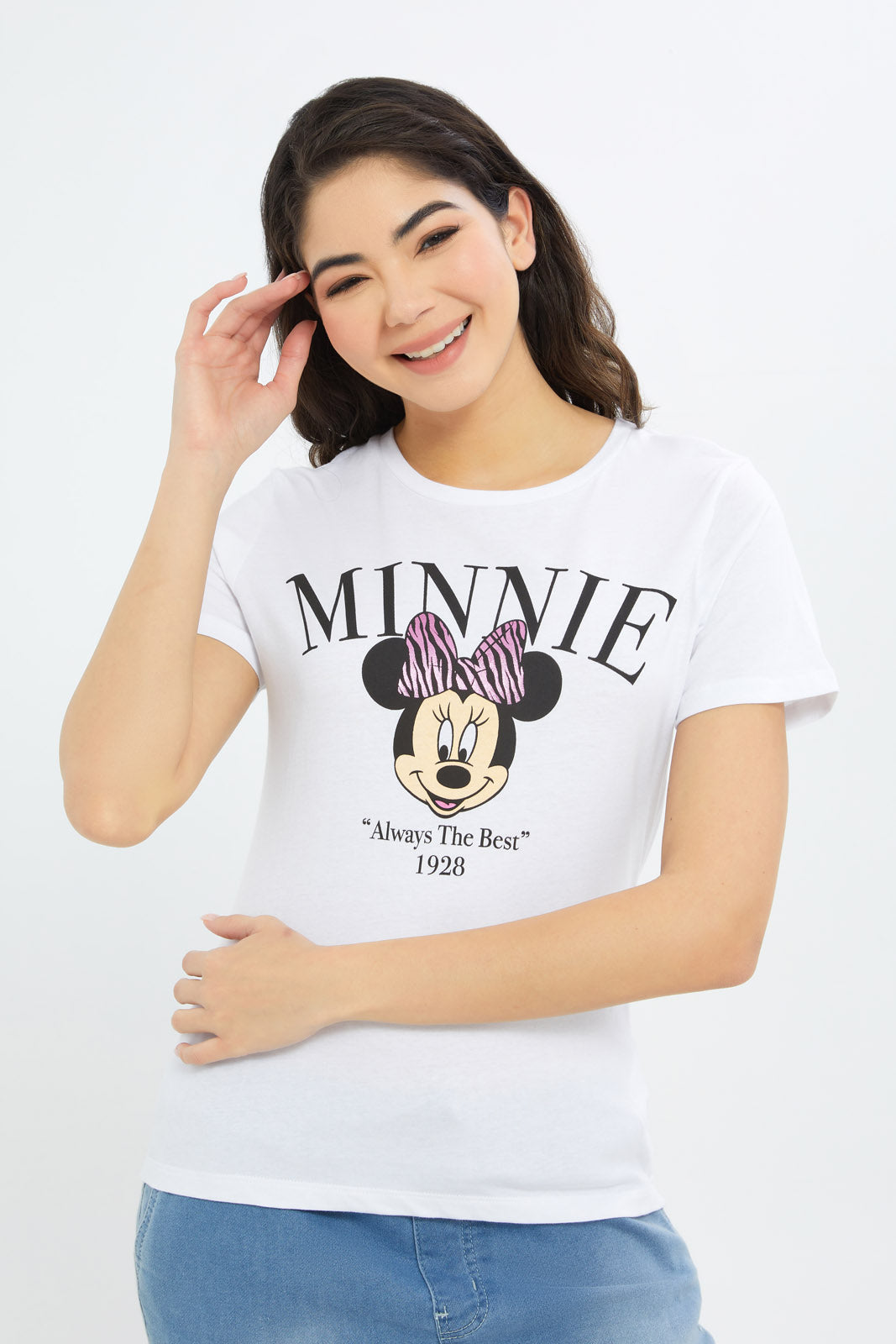 Redtag-Women-White-Minnie-Printed-T-Shirt-Category:T-Shirts,-CHA,-CHR:CHR,-Colour:White,-Deals:New-In,-Event:STRATEGY,-Filter:Women's-Clothing,-H1:LWR,-H2:LAD,-H3:TSH,-H4:CAT,-New-In-Women-APL,-Non-Sale,-Promo:TBL,-S23C,-Season:S23C,-Section:Women,-TBL,-Women-T-Shirts-Women's-