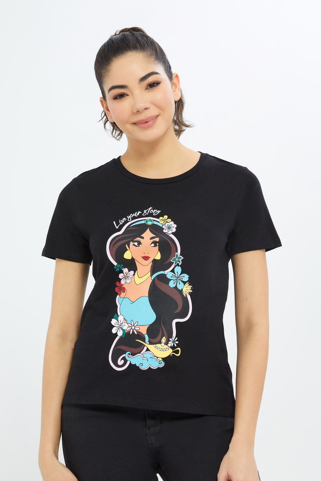 Redtag-Women-Black-Jasmine-Printed-T-Shirt-Category:T-Shirts,-CHR:CHR,-Colour:Black,-Deals:New-In,-Event:STRATEGY,-Filter:Women's-Clothing,-H1:LWR,-H2:LAD,-H3:TSH,-H4:CAT,-New-In-Women-APL,-Non-Sale,-Promo:TBL,-S23C,-Season:S23C,-Section:Women,-TBL,-Women-T-Shirts-Women's-