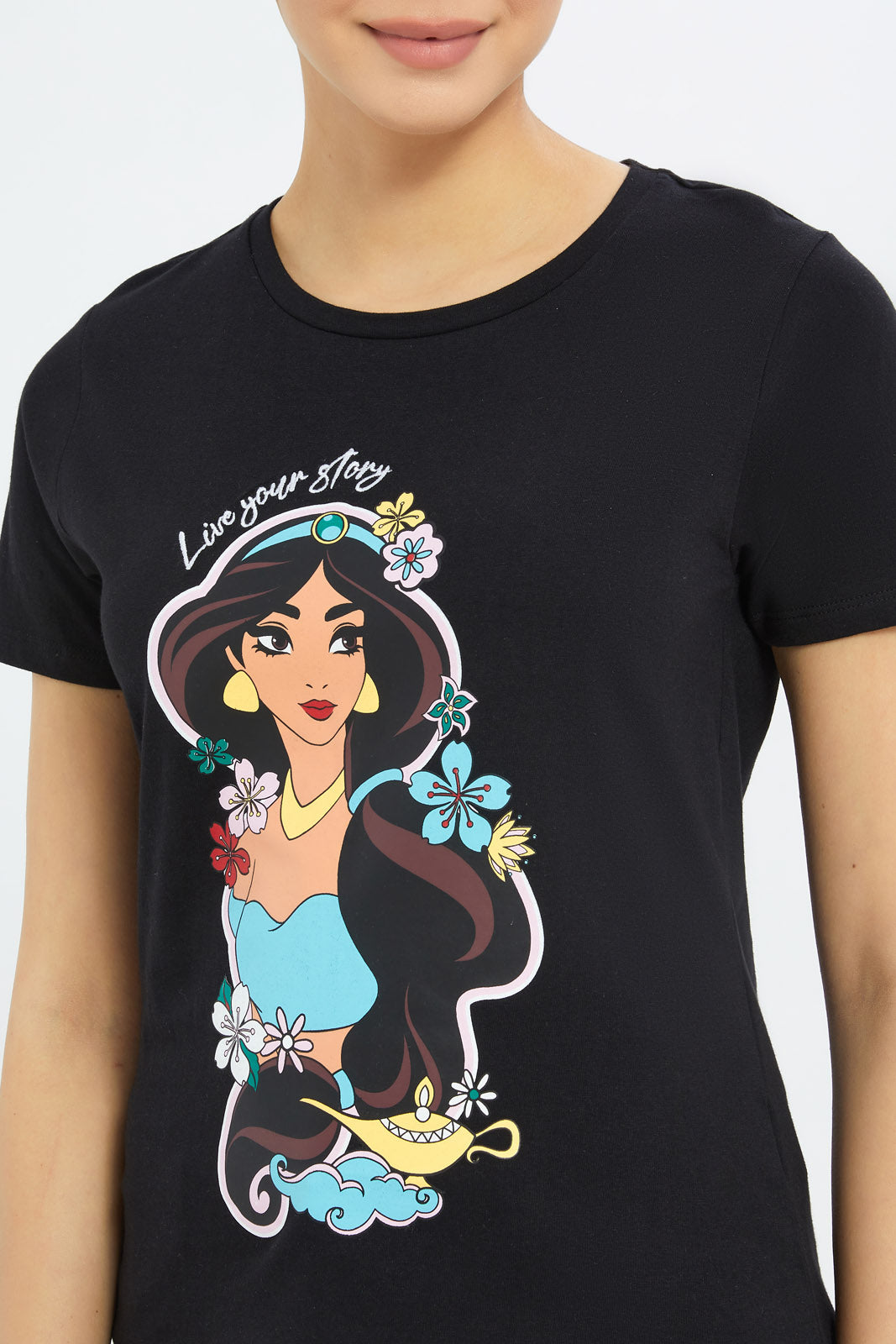 Redtag-Women-Black-Jasmine-Printed-T-Shirt-Category:T-Shirts,-CHR:CHR,-Colour:Black,-Deals:New-In,-Event:STRATEGY,-Filter:Women's-Clothing,-H1:LWR,-H2:LAD,-H3:TSH,-H4:CAT,-New-In-Women-APL,-Non-Sale,-Promo:TBL,-S23C,-Season:S23C,-Section:Women,-TBL,-Women-T-Shirts-Women's-