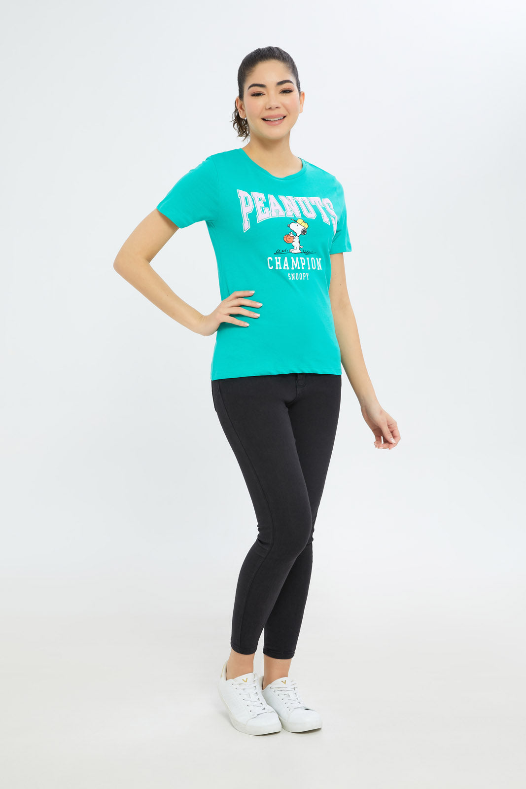 Redtag-Women-Green-Snoopy-Printed-T-Shirt-Category:T-Shirts,-CHR:CHR,-Colour:Green,-Deals:New-In,-Event:STRATEGY,-Filter:Women's-Clothing,-H1:LWR,-H2:LAD,-H3:TSH,-H4:CAT,-New-In-Women-APL,-Non-Sale,-Promo:TBL,-S23C,-Season:S23C,-Section:Women,-TBL,-Women-T-Shirts-Women's-