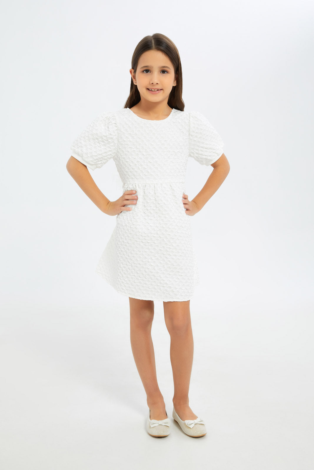 Redtag-Girls-White-Textured-Mesh-Neckline-Dress-Category:Dresses,-Colour:White,-Deals:New-In,-Filter:Girls-(2-to-8-Yrs),-GIR-Dresses,-H1:KWR,-H2:GIR,-H3:DRS,-H4:CAD,-New-In-GIR-APL,-Non-Sale,-RMD,-S23C,-Season:S23C,-Section:Girls-(0-to-14Yrs)-Girls-2 to 8 Years