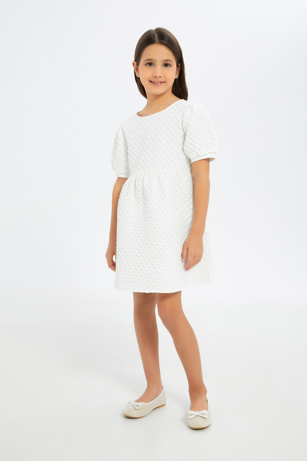 Redtag-Girls-White-Textured-Mesh-Neckline-Dress-Category:Dresses,-Colour:White,-Deals:New-In,-Filter:Girls-(2-to-8-Yrs),-GIR-Dresses,-H1:KWR,-H2:GIR,-H3:DRS,-H4:CAD,-New-In-GIR-APL,-Non-Sale,-RMD,-S23C,-Season:S23C,-Section:Girls-(0-to-14Yrs)-Girls-2 to 8 Years