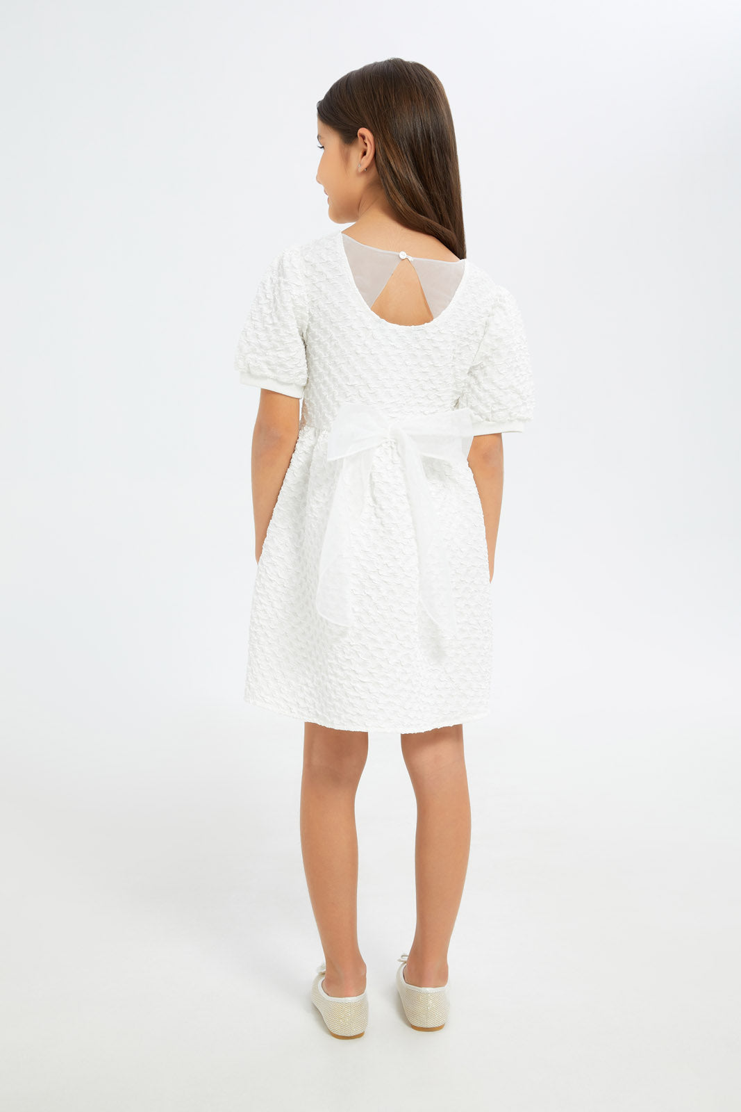 Redtag-Girls-White-Textured-Mesh-Neckline-Dress-Category:Dresses,-Colour:White,-Deals:New-In,-Filter:Girls-(2-to-8-Yrs),-GIR-Dresses,-H1:KWR,-H2:GIR,-H3:DRS,-H4:CAD,-New-In-GIR-APL,-Non-Sale,-RMD,-S23C,-Season:S23C,-Section:Girls-(0-to-14Yrs)-Girls-2 to 8 Years