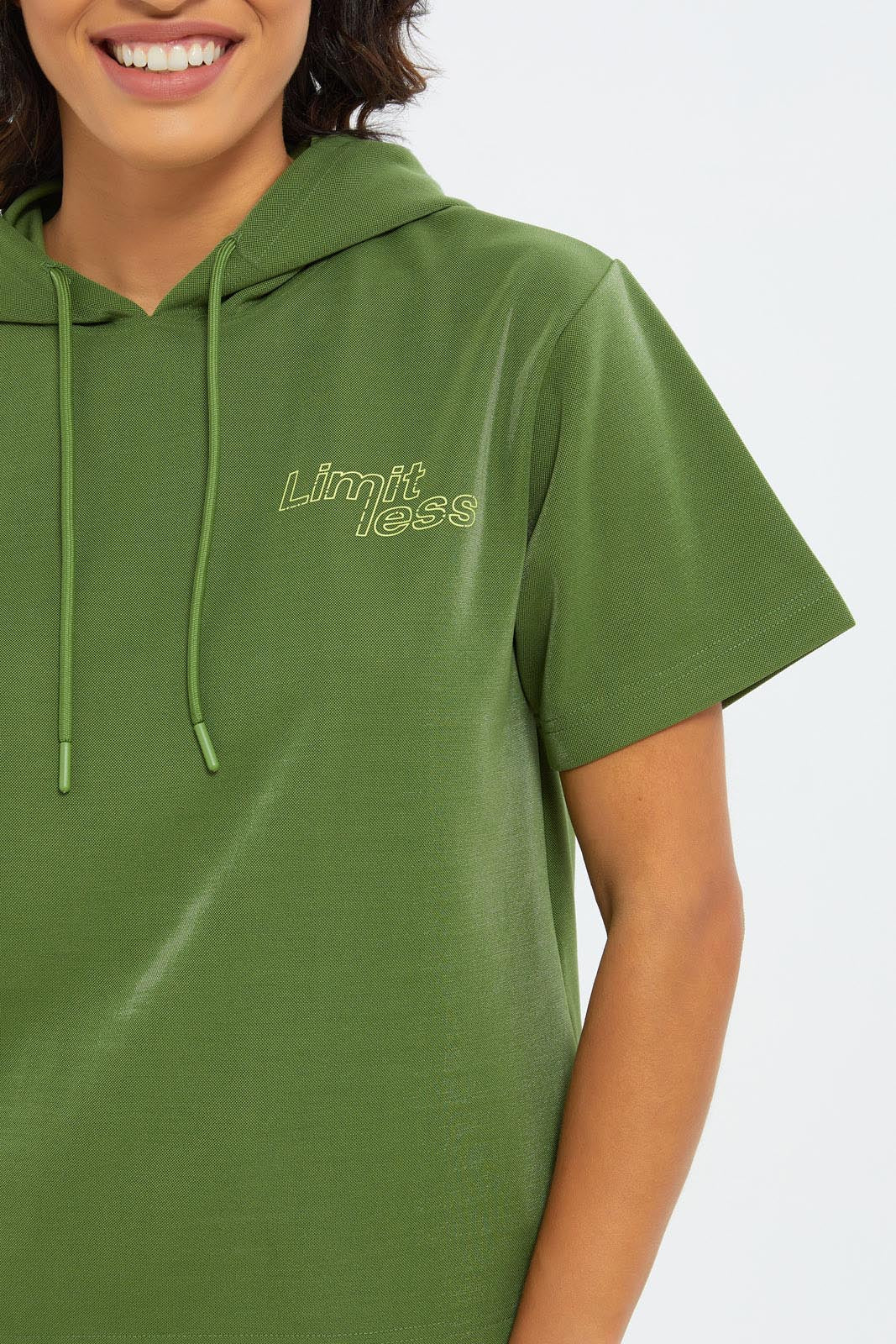 Redtag-Women-Green-Short-Sleeve-Hoodie-Sweatshirt-Category:Sweatshirts,-Colour:Green,-Deals:New-In,-Filter:Women's-Clothing,-H1:LWR,-H2:LAD,-H3:SPW,-H4:ASS,-New-In-Women-APL,-Non-Sale,-S23C,-Season:S23C,-Section:Women,-Women-Sweatshirts-Women's-