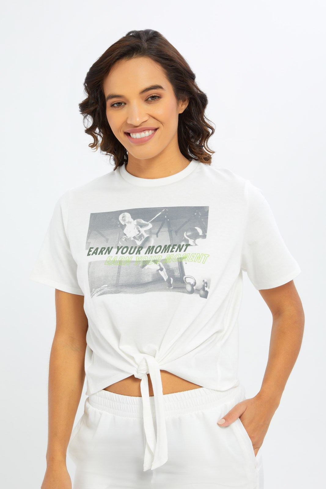 Redtag-Women-White-Placement-Print-T-Shirt-With-Knot-Details-Category:T-Shirts,-Colour:White,-Deals:New-In,-Filter:Women's-Clothing,-H1:LWR,-H2:LAD,-H3:SPW,-H4:ATS,-New-In-Women-APL,-Non-Sale,-S23C,-Season:S23C,-Section:Women,-Women-T-Shirts-Women's-