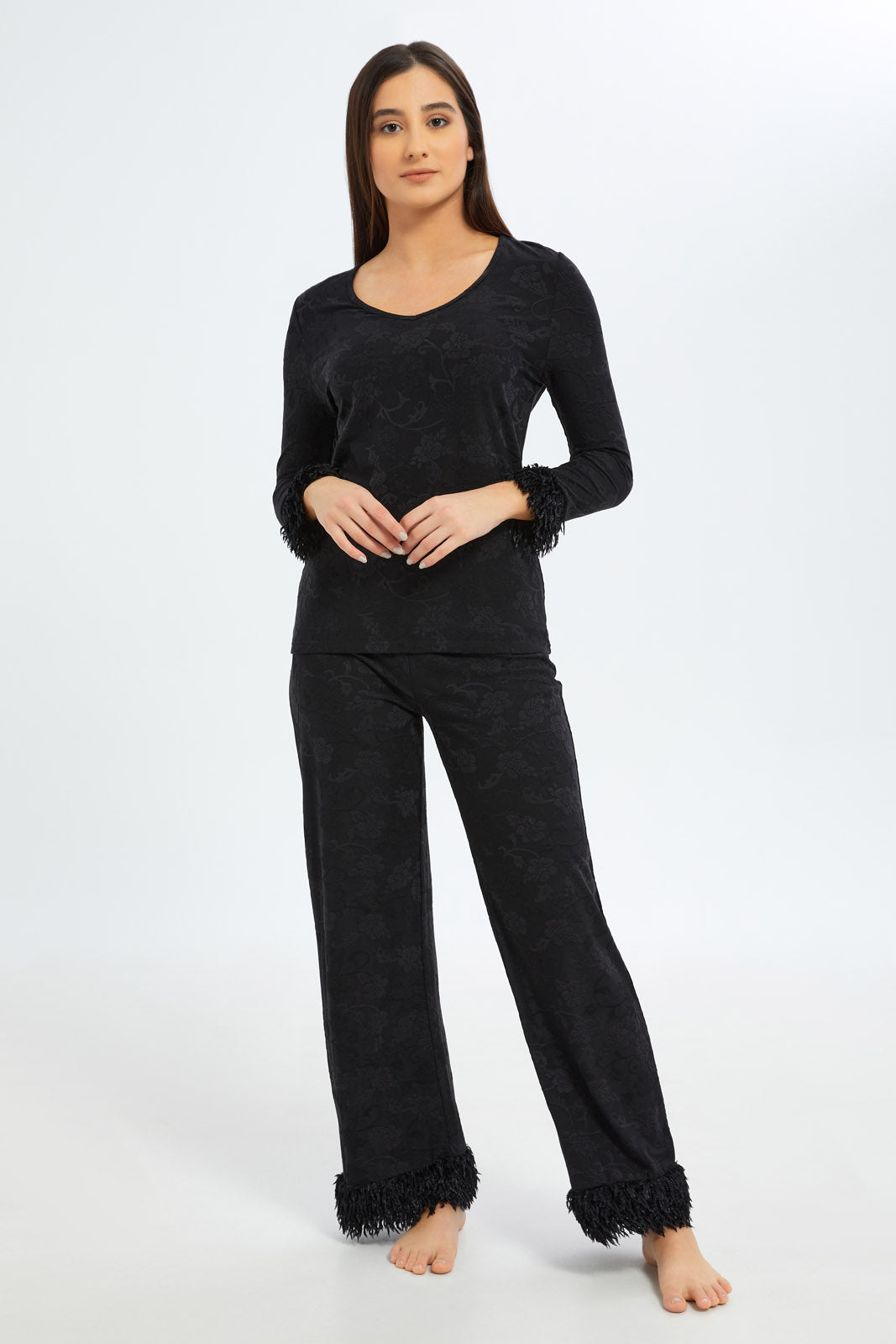 Redtag-Women-Black-Pyjama-Set-With-Fringe-Category:Pyjama-Sets,-Colour:Black,-Deals:New-In,-Filter:Women's-Clothing,-H1:LWR,-H2:LDN,-H3:NWR,-H4:PJS,-New-In-Women-APL,-Non-Sale,-S23C,-Season:S23C,-Section:Women,-Women-Pyjama-Sets--