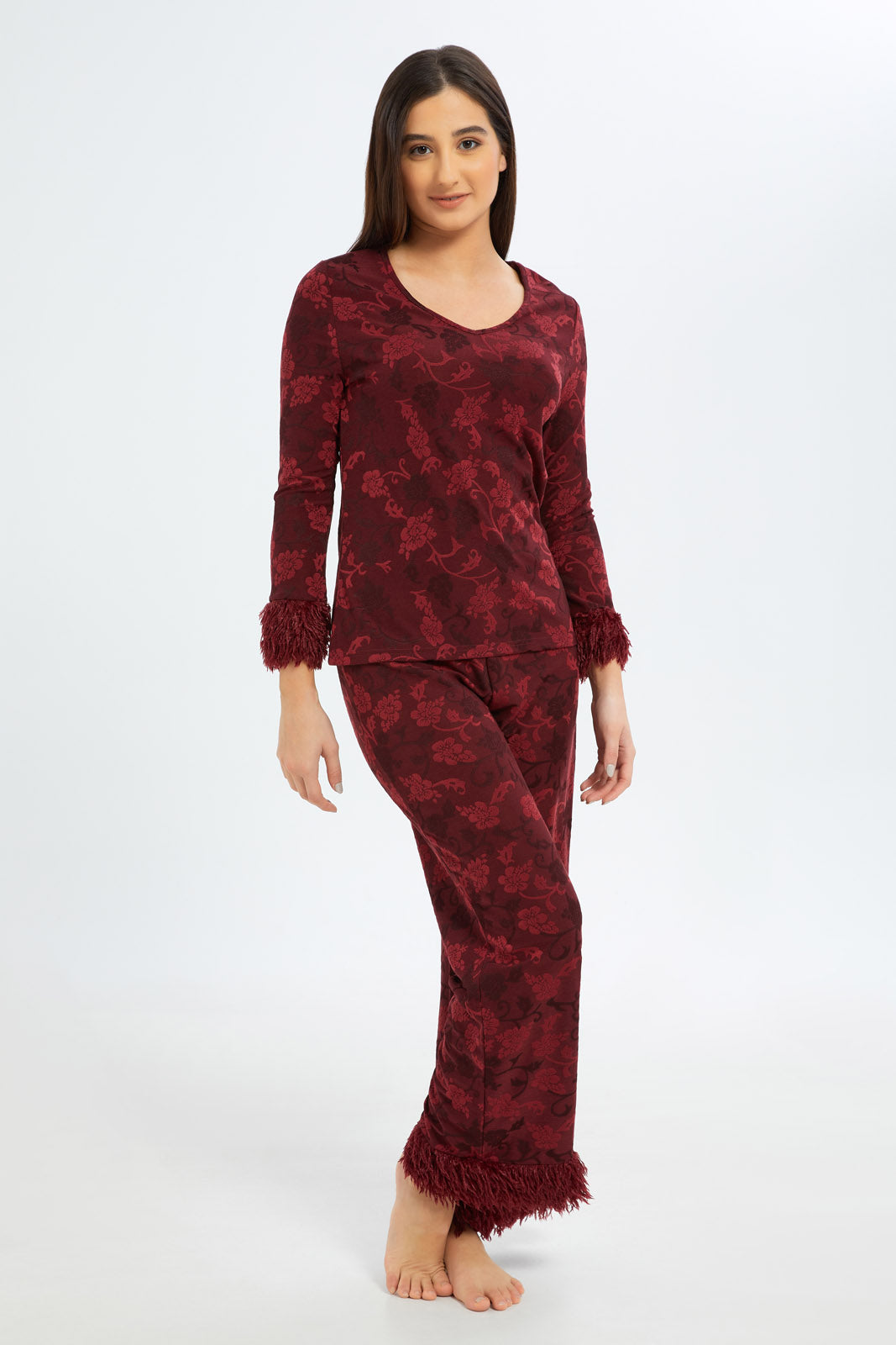 Redtag-Women-Burgundy-Pyjama-Set-With-Fringe-Category:Pyjama-Sets,-Colour:Burgundy,-Deals:New-In,-Filter:Women's-Clothing,-H1:LWR,-H2:LDN,-H3:NWR,-H4:PJS,-New-In-Women-APL,-Non-Sale,-S23C,-Season:S23C,-Section:Women,-Women-Pyjama-Sets--