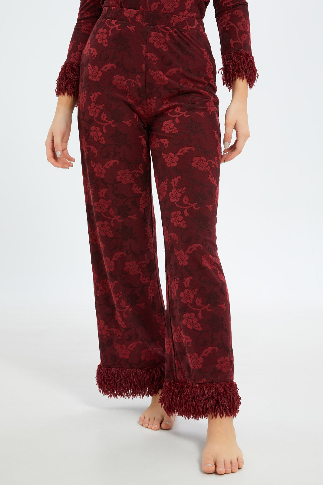 Redtag-Women-Burgundy-Pyjama-Set-With-Fringe-Category:Pyjama-Sets,-Colour:Burgundy,-Deals:New-In,-Filter:Women's-Clothing,-H1:LWR,-H2:LDN,-H3:NWR,-H4:PJS,-New-In-Women-APL,-Non-Sale,-S23C,-Season:S23C,-Section:Women,-Women-Pyjama-Sets--