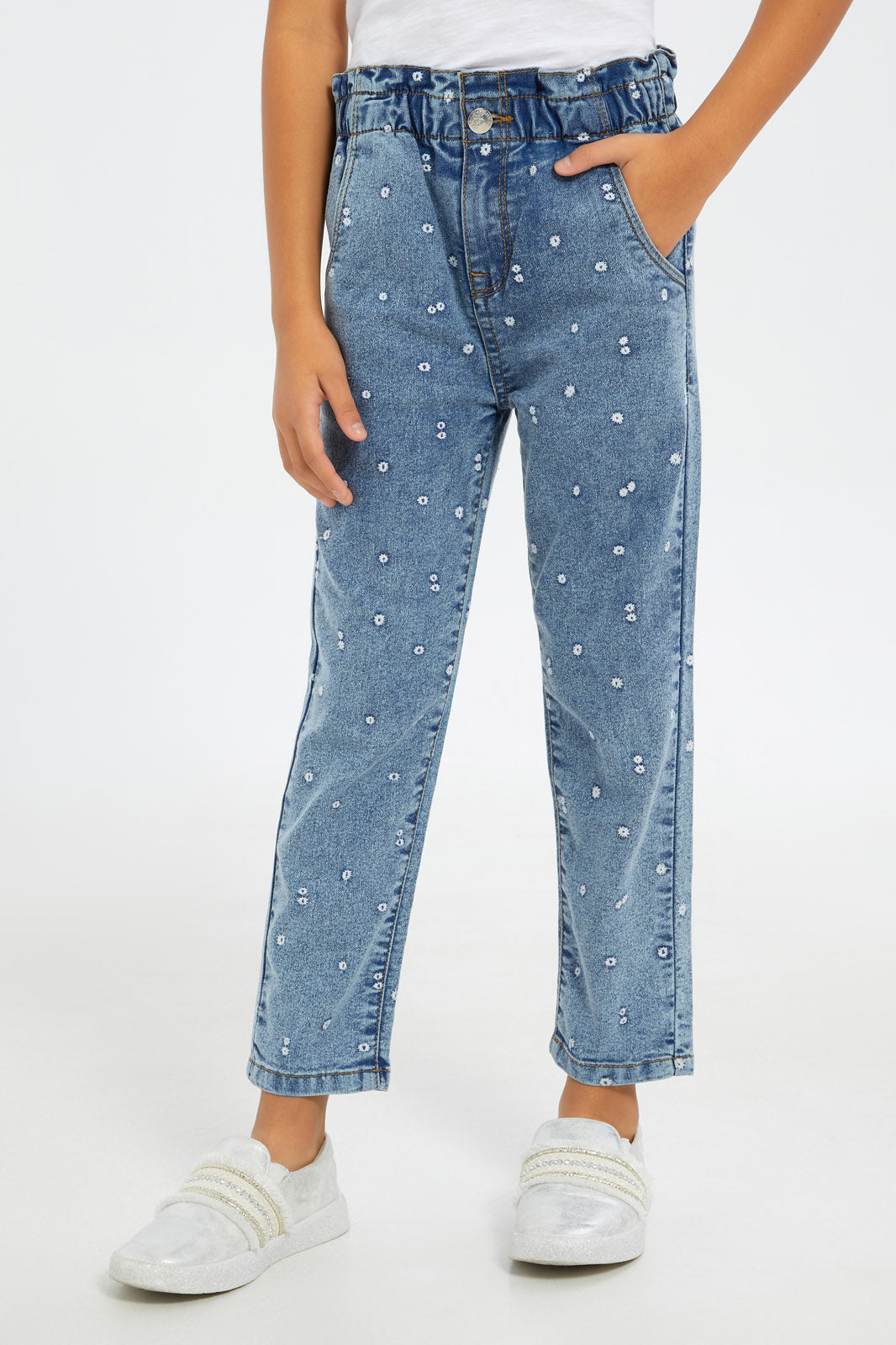 Redtag-Girls-Midwash-Allover-Embroidered-Jeggings-Category:Jeggings,-Colour:Denim,-Deals:New-In,-Filter:Girls-(2-to-8-Yrs),-GIR-Jeggings,-H1:KWR,-H2:GIR,-H3:DNB,-H4:JEG,-New-In-GIR-APL,-Non-Sale,-S23C,-Season:S23C,-Section:Girls-(0-to-14Yrs)-Girls-2 to 8 Years