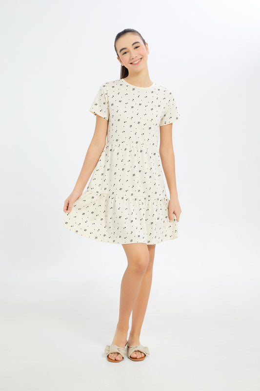 Redtag-Girls-Beige/White-Floral-Tiered-Dress-Category:Dresses,-Colour:Beige,-Deals:New-In,-Dress-Size:Short-Dress,-Event:STRATEGY,-Filter:Senior-Girls-(8-to-14-Yrs),-GSR-Dresses,-H1:KWR,-H2:GSR,-H3:DRS,-H4:CAD,-New-In-GSR-APL,-Non-Sale,-Promo:PPE,-S23B,-Season:S23B,-Section:Girls-(0-to-14Yrs)-Senior-Girls-9 to 14 Years