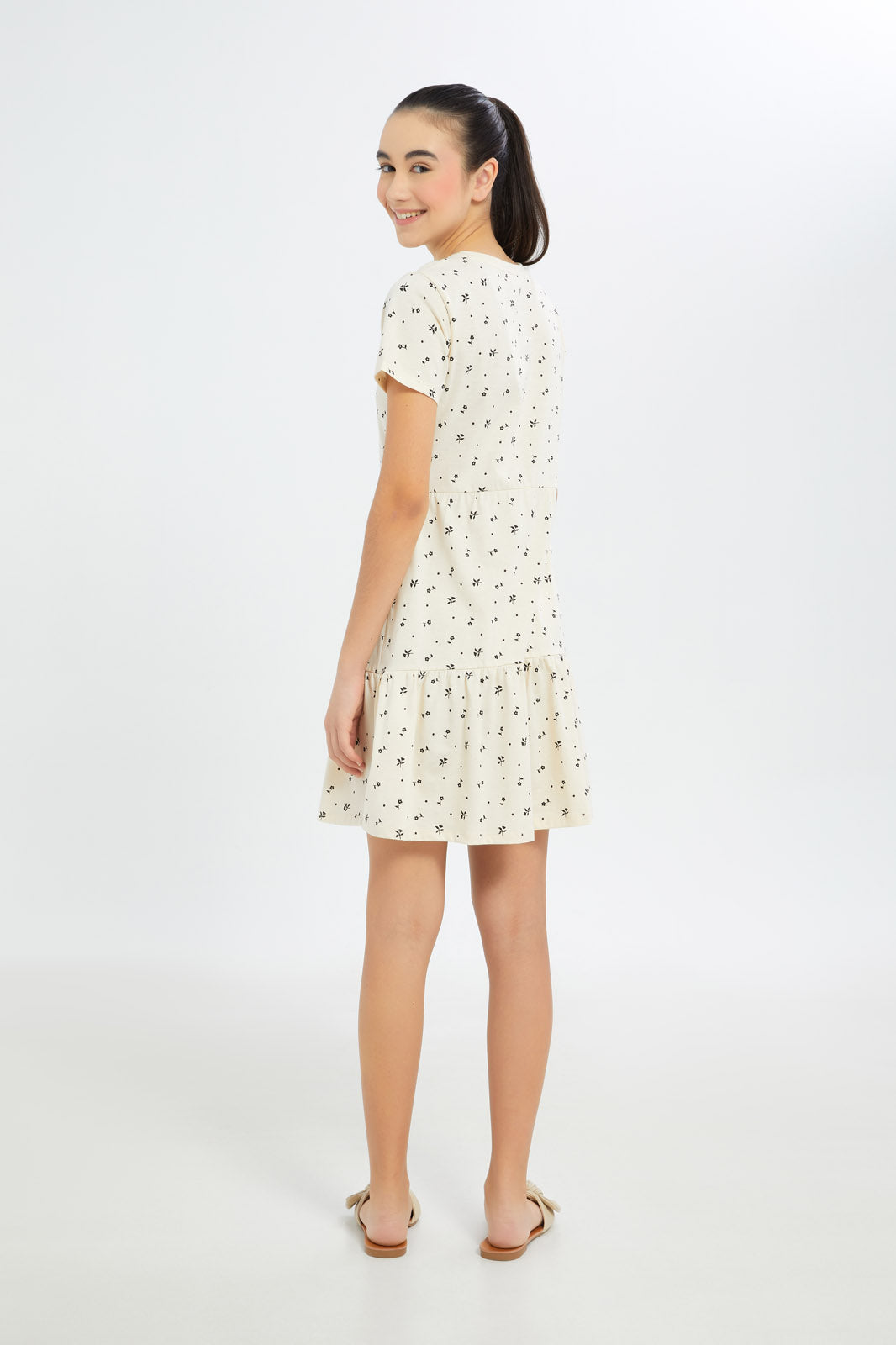 Redtag-Girls-Beige/White-Floral-Tiered-Dress-Category:Dresses,-Colour:Beige,-Deals:New-In,-Dress-Size:Short-Dress,-Event:STRATEGY,-Filter:Senior-Girls-(8-to-14-Yrs),-GSR-Dresses,-H1:KWR,-H2:GSR,-H3:DRS,-H4:CAD,-New-In-GSR-APL,-Non-Sale,-Promo:PPE,-S23B,-Season:S23B,-Section:Girls-(0-to-14Yrs)-Senior-Girls-9 to 14 Years