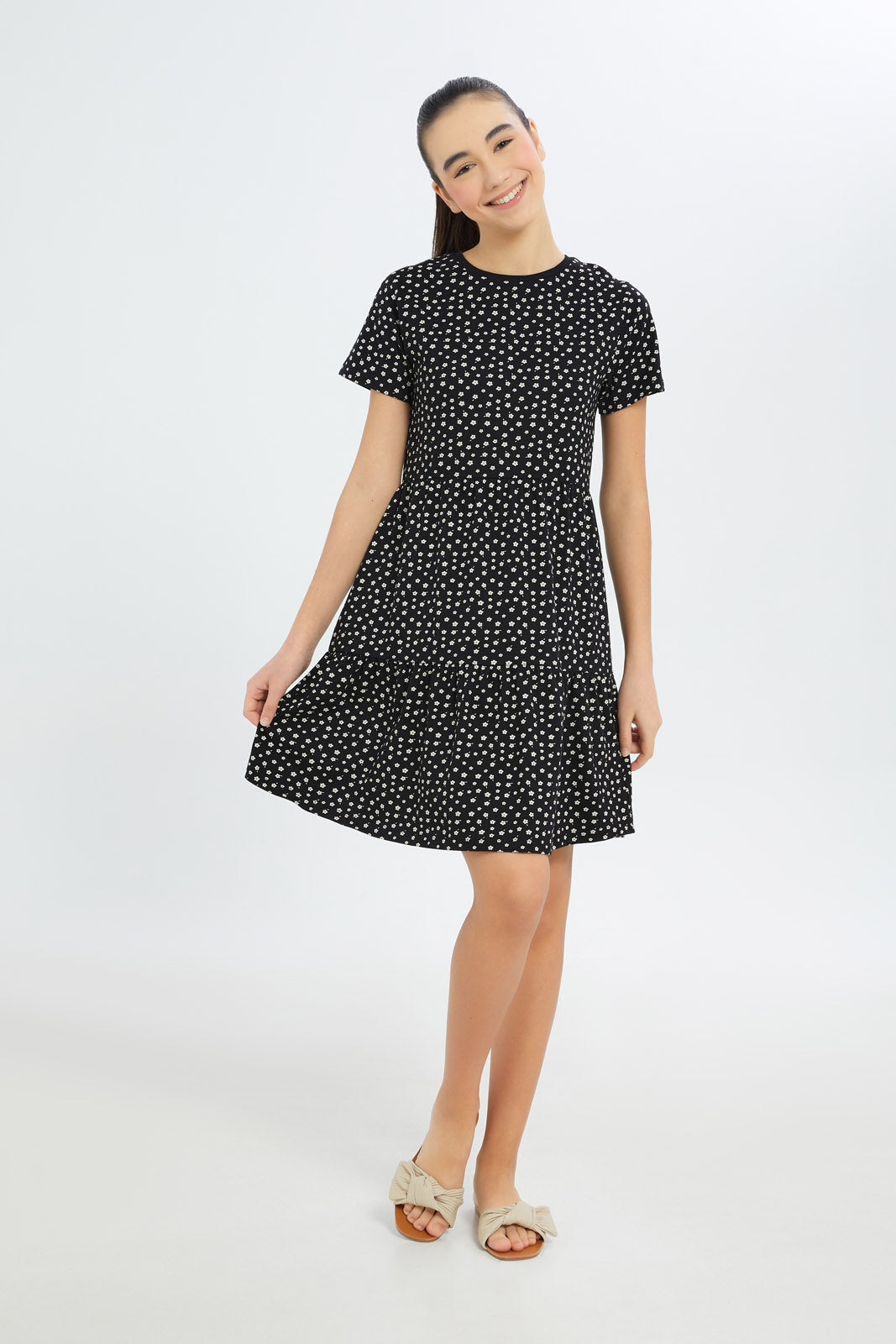 Redtag-Girls-Black/Pink-Ditsy-Print-Tiered-Dress-Category:Dresses,-Colour:Black,-Deals:New-In,-Dress-Size:Short-Dress,-Event:STRATEGY,-Filter:Senior-Girls-(8-to-14-Yrs),-GSR-Dresses,-H1:KWR,-H2:GSR,-H3:DRS,-H4:CAD,-New-In-GSR-APL,-Non-Sale,-Promo:PPE,-S23B,-Season:S23B,-Section:Girls-(0-to-14Yrs)-Senior-Girls-9 to 14 Years