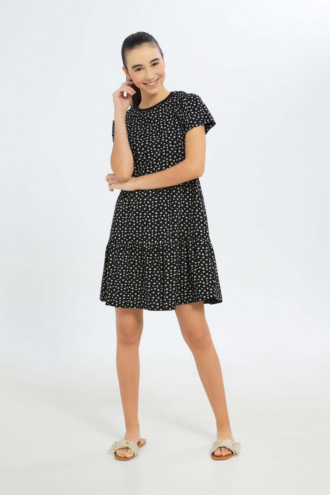Redtag-Girls-Black/Pink-Ditsy-Print-Tiered-Dress-Category:Dresses,-Colour:Black,-Deals:New-In,-Dress-Size:Short-Dress,-Event:STRATEGY,-Filter:Senior-Girls-(8-to-14-Yrs),-GSR-Dresses,-H1:KWR,-H2:GSR,-H3:DRS,-H4:CAD,-New-In-GSR-APL,-Non-Sale,-Promo:PPE,-S23B,-Season:S23B,-Section:Girls-(0-to-14Yrs)-Senior-Girls-9 to 14 Years