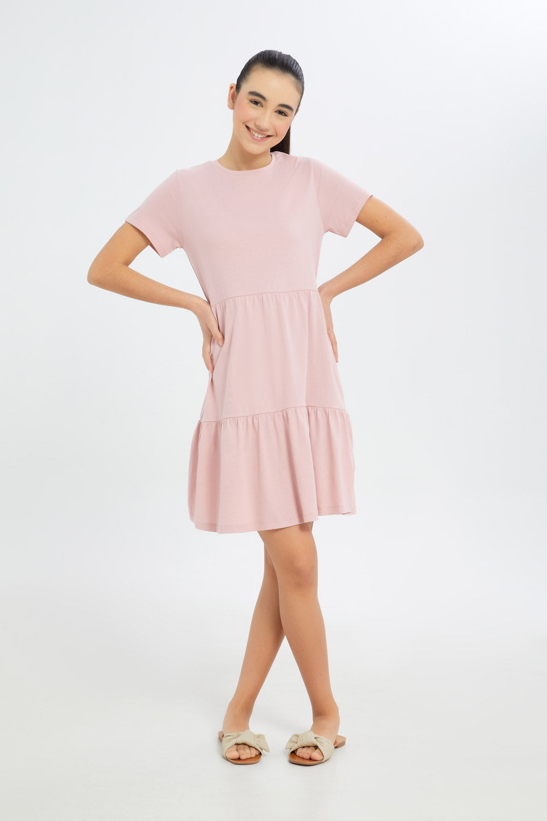 Redtag-Girls-Pink-Tiered-Dress-Category:Dresses,-Colour:Apricot,-Deals:New-In,-Dress-Size:Short-Dress,-Event:STRATEGY,-Filter:Senior-Girls-(8-to-14-Yrs),-GSR-Dresses,-H1:KWR,-H2:GSR,-H3:DRS,-H4:CAD,-New-In-GSR-APL,-Non-Sale,-Promo:PPE,-S23B,-Season:S23B,-Section:Girls-(0-to-14Yrs)-Senior-Girls-9 to 14 Years